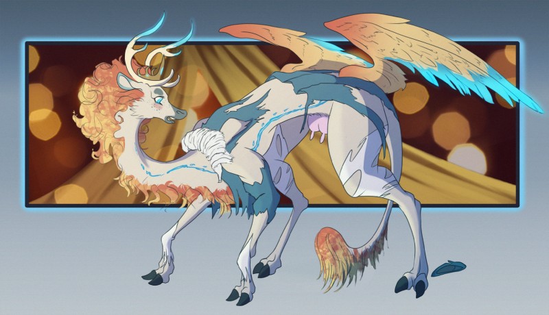 1girls antlers blue_eyes blue_feathers blue_fur blush cervid cervine crotchboobs dragon feathered_wings female female_only feral feral_only freckles furred_dragon grey_fur horns hybrid long_nipples multicolored_body nipples orange_feathers orange_fur sharkrags wings