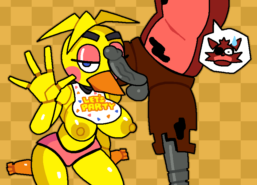 4_fingers animatronic anthro areola avian balls beak bib big_breasts bird blue_eyes breasts brown_background brown_body canid canine checkered_background chicken clothing crushtrap duo exposed_endoskeleton eye_patch eyelashes eyeshadow eyewear female fingers five_nights_at_freddy's five_nights_at_freddy's_2 fox foxy_(fnaf) galliform gallus_(genus) genitals gesture head_feathers head_tuft kneeling looking_at_viewer machine makeup male mammal nipples panties pattern_background penis penis_on_face phasianid pink_clothing pink_eyeshadow pink_panties pink_underwear robot rosy_cheeks scottgames simple_background straight thick_thighs toy_chica toy_chica_(fnaf) tuft underwear waving waving_at_viewer wide_hips withered_foxy yellow_areola yellow_nipples