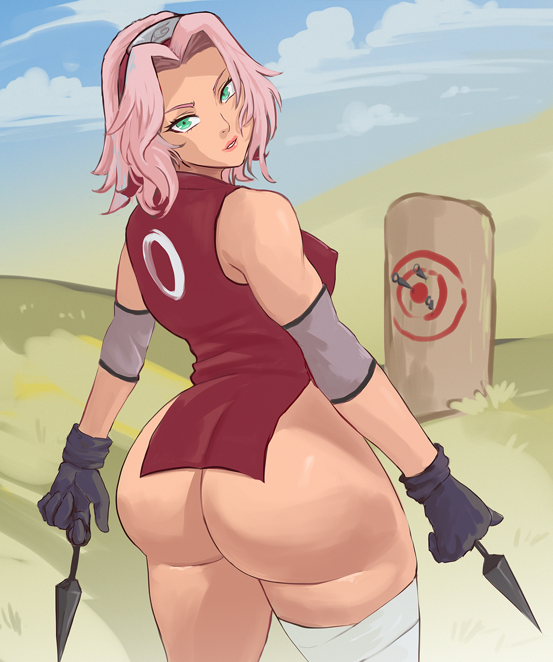 1girls, arachnart, ass, back view, big ass, big butt, bottomless, bubble ass, bubble butt, female, haruno sakura, naruto, naruto (series), naruto shippuden, no pants, no text version, pink hair, pink-haired female, sakura haruno, shounen jump, thick ass, thick thighs