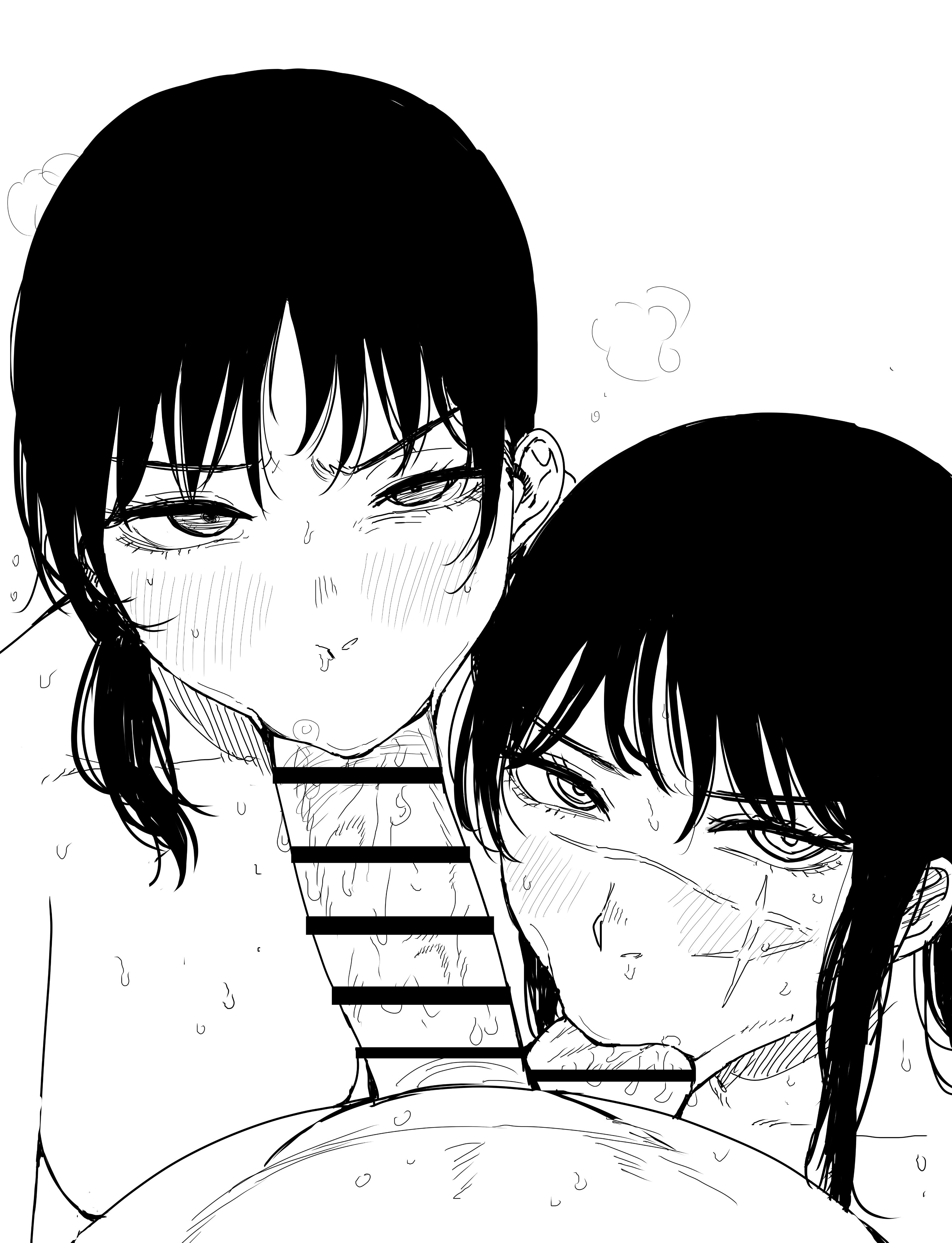 :>=, 1boy, 2girls, balls, big penis, black and white, blowjob, blush, censor bar, censored, chainsaw man, denji (chainsaw man), eye contact, fellatio, female, kaiman garupan, long hair, looking at viewer, male, mitaka asa, monochrome, oral, penis, saliva, scar, scar on face, sucking balls, sucking testicles, testicles, threesome, yoru (chainsaw man)