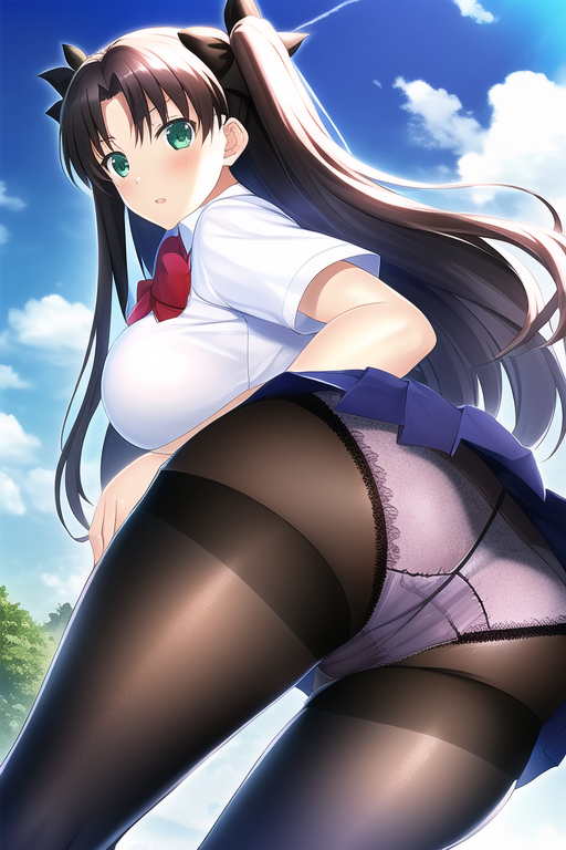 ai_generated ass ass_focus blush breasts brown_hair cameltoe fate/stay_night fate_(series) female from_behind green_eyes hair_ribbon huge_ass large_breasts long_hair looking_at_viewer miniskirt open_mouth panties panties_under_pantyhose pantyhose school_uniform schoolgirl shiny shiny_clothes shiny_hair shiny_skin sideboob skirt skirt_hold skirt_lift smile solo thick_thighs tohsaka_rin two_side_up upskirt