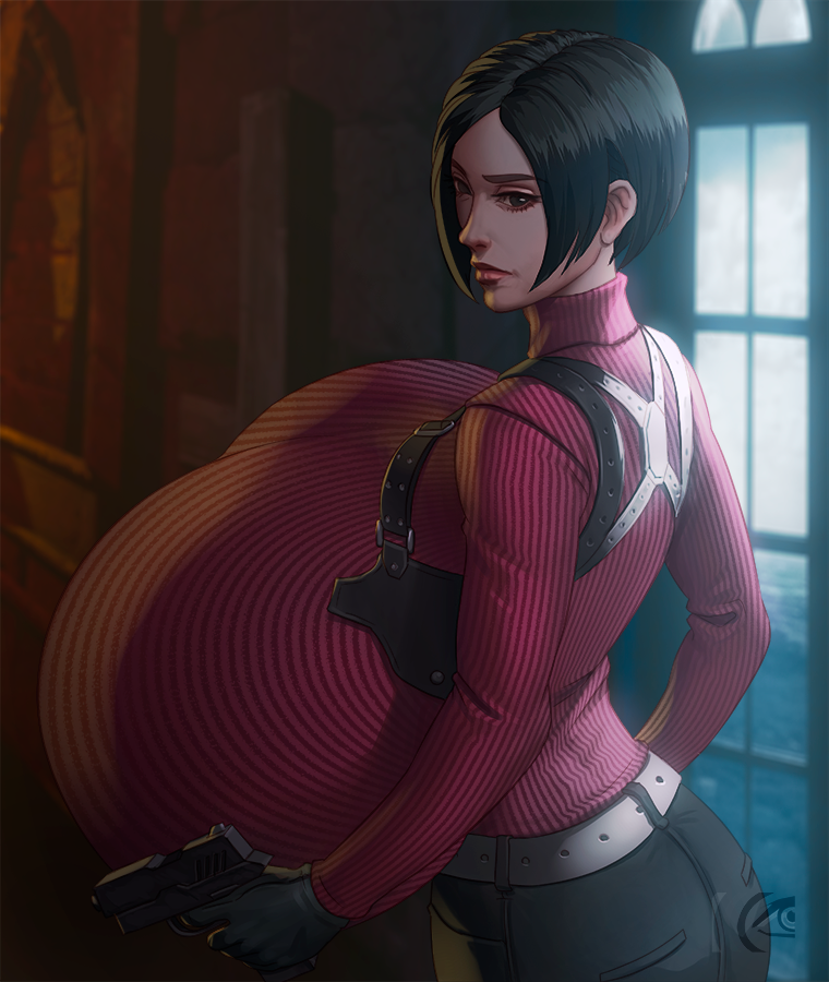 1girls ada_wong ada_wong_(adriana) alternate_breast_size asian asian_female black_hair breast_expansion breasts_bigger_than_head breasts_bigger_than_torso fat_ass female female_only gigantic_breasts gun hyper_breasts mangrowing resident_evil resident_evil_4 resident_evil_4_remake solo solo_female tight_clothing