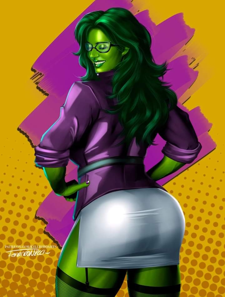 1girls, 2023, 2d, 2d (artwork), artist name, artist signature, ass, back view, big ass, business attire, business woman, clothed, clothed female, eyes closed, female, female only, fishnets, fully clothed, garter straps, glasses, green body, green hair, green skin, green-skinned female, hulk (series), killbiro, long hair, looking back, marvel, marvel comics, miniskirt, questionable, rear view, sfw, she-hulk, skirt, smile, smiling, solo, solo female, stockings, superheroine, thick thighs, thighhighs, thighs, tight clothing, wavy hair