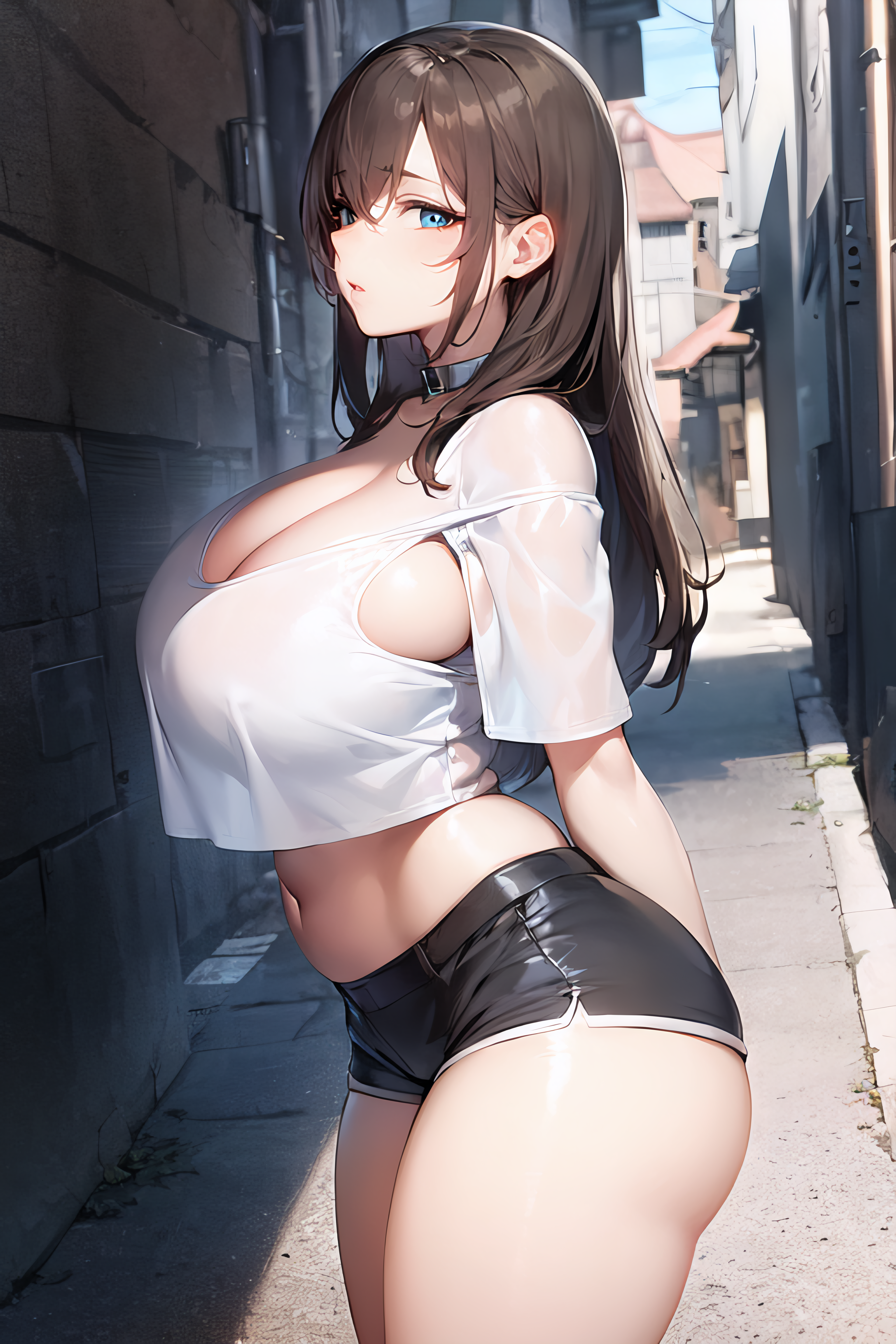 1girls, ai generated, alley, alleyway, black hair, blue eyes, breasts, curvaceous, curvy, curvy body, curvy female, curvy figure, female, female focus, female only, hi res, high resolution, highres, huge breasts, kurzray, latex shorts, long hair, looking at viewer, seductive look, sideboob, stable diffusion, voluptuous, voluptuous female