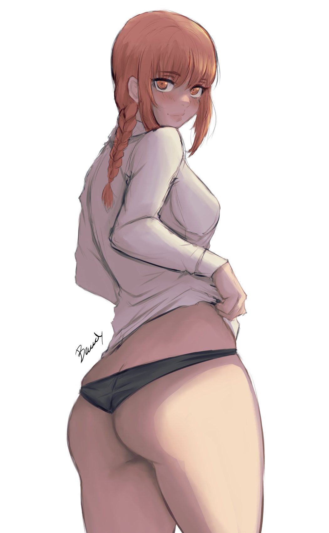 1girls ass ass_cleavage ass_focus bawdy big_ass black_panties blush bottomwear braid breasts butt_crack chainsaw_man clothing dat_ass female female_only huge_ass lips looking_at_viewer makima_(chainsaw_man) panties red_hair shirt sideboob smile solo solo_female thighs topwear white_shirt yellow_eyes