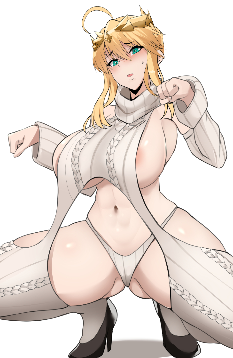 1girls, artoria pendragon, artoria pendragon (lancer), blonde hair, breasts, fate (series), fate/grand order, female, green eyes, hips, huge breasts, lainart, long hair, revealing clothes, slim waist, squatting, sweater, thick thighs, thighs, virgin destroyer sweater, virgin killer sweater, wide hips