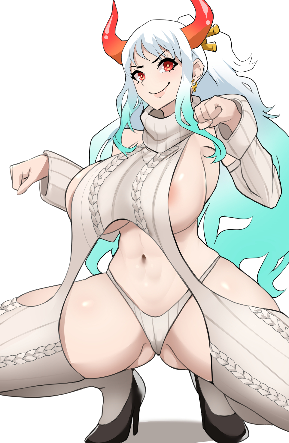 1girls, armpits, breasts, cleavage, female, female only, green hair, high heels, hips, horns, huge breasts, lainart, light skin, light-skinned female, long hair, one piece, red eyes, revealing clothes, sideboob, slim waist, sweater, thick thighs, thighs, two-tone hair, virgin destroyer sweater, virgin killer sweater, white hair, white-haired female, wide hips, yamato (one piece)