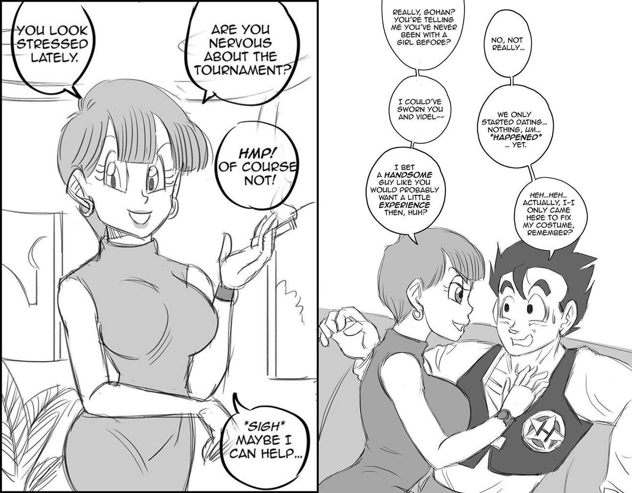 1boy, 1girls, assertive, big breasts, breasts, bulma, bulma (majin buu saga), bulma briefs, cheating, cheating wife, dialogue, dragon ball, dragon ball z, earrings, female, fully clothed, funsexydragonball, male, male virgin, milf, older female, short hair, smile, smoking, son gohan, speech bubble, straight, submissive, submissive male, tagme, text, virgin, younger male
