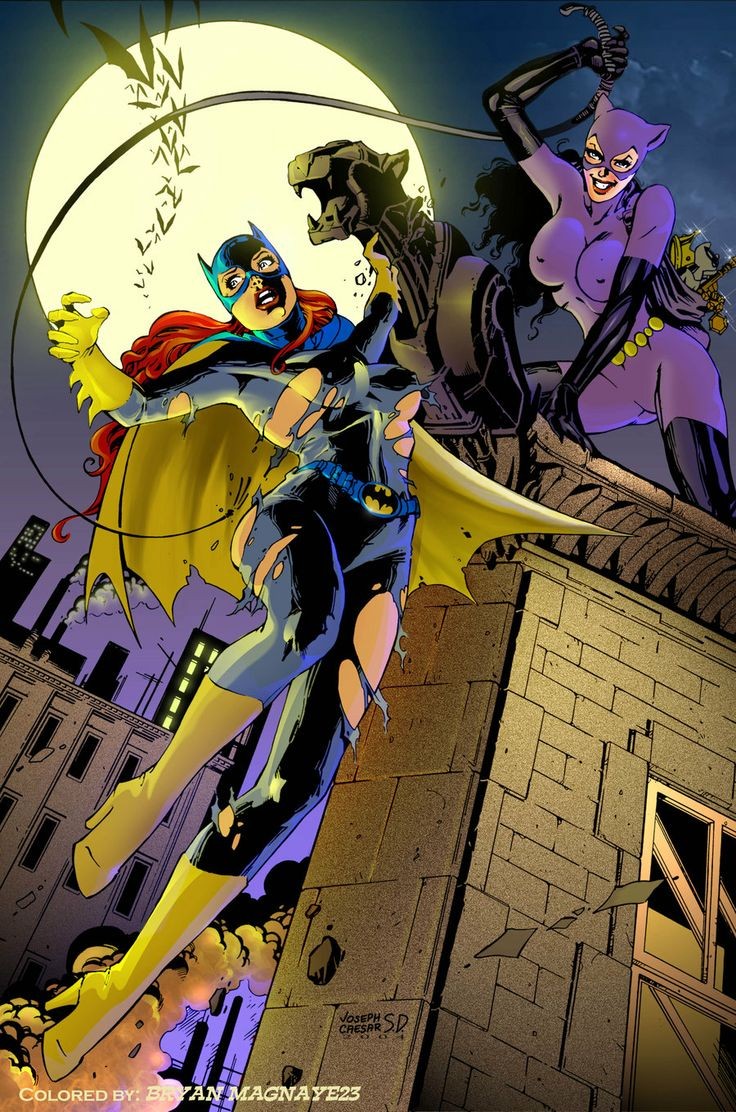 2girls artist_request barbara_gordon batgirl batman_(series) big_breasts black_hair boots catwoman curvy curvy_female dc_comics duo female female_only gloves high_heel_boots joseph_caesar light-skinned_female red_hair straight_hair superheroine torn_clothes villain villainess whip