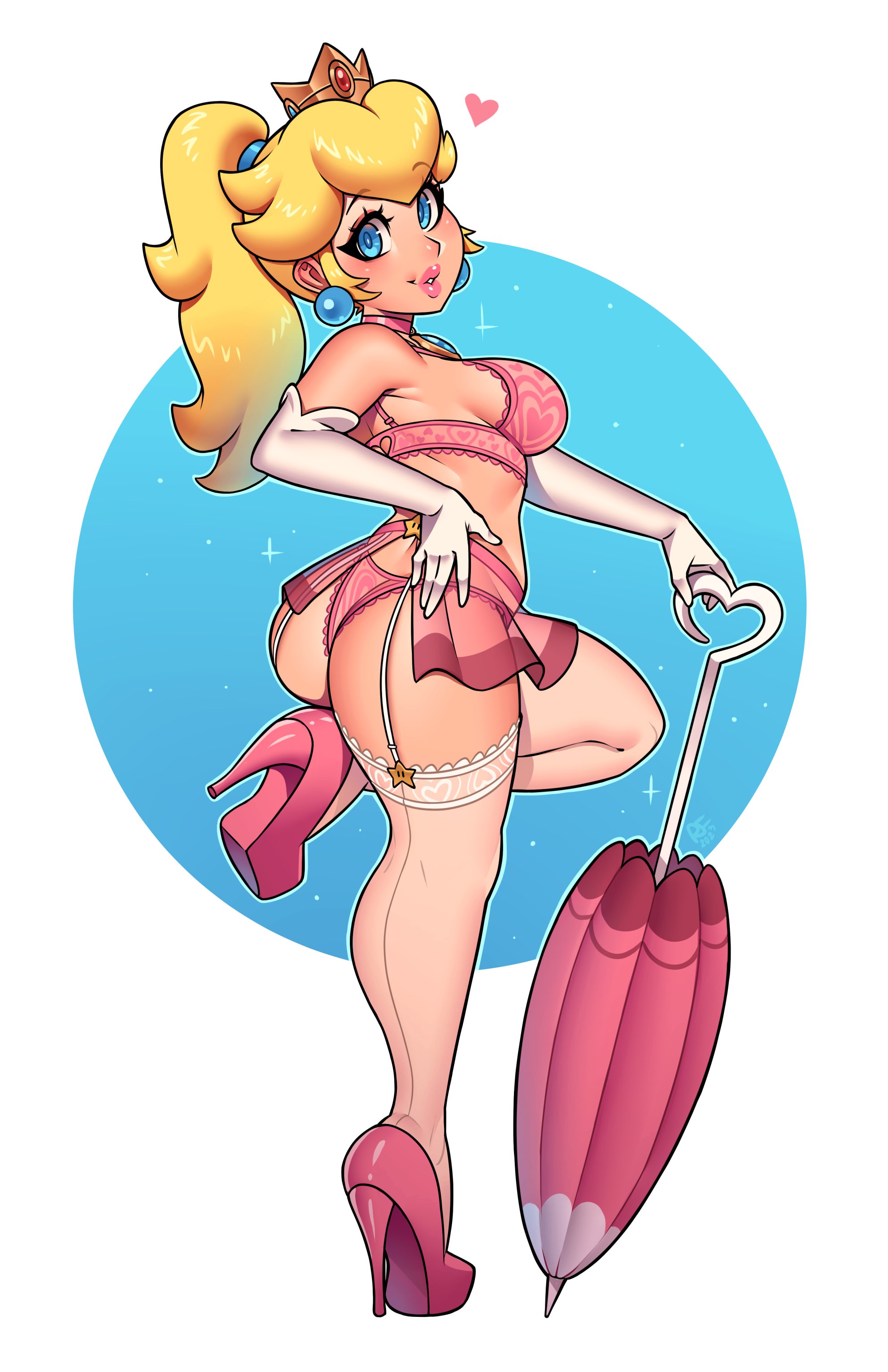 1girls, armwear, ass, big ass, big breasts, big lips, blonde hair, bottomwear, bra, breasts, bubble ass, bubble butt, crown, ear piercing, earrings, female, female only, full body, garter straps, gloves, hair, hand on hip, headwear, heart, heels, high heels, huge ass, legs, lingerie, lips, lipstick, mario (series), nintendo, panties, pink bra, pink lips, pink lipstick, pink panties, ponytail, princess peach, ravenousruss, solo, solo female, spoken heart, thick lips, thighhighs, thighs, thong, topwear, umbrella, very high heels, white gloves, white thighhighs