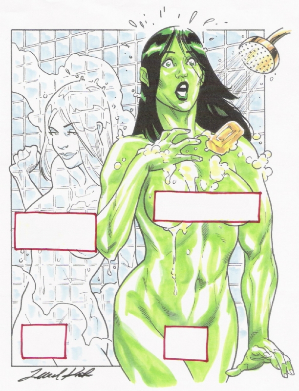 2girls artist_name artist_request artist_signature breasts censored dark_hair fantastic_four female female_only green-skinned_female green_eyes green_hair green_skin grope grope_from_behind groping groping_butt groping_from_behind hulk_(series) invisible_woman long_hair marvel nude nudity she-hulk shower showering soap sue_storm tagme_(artist) translucent transparent_body water yuri