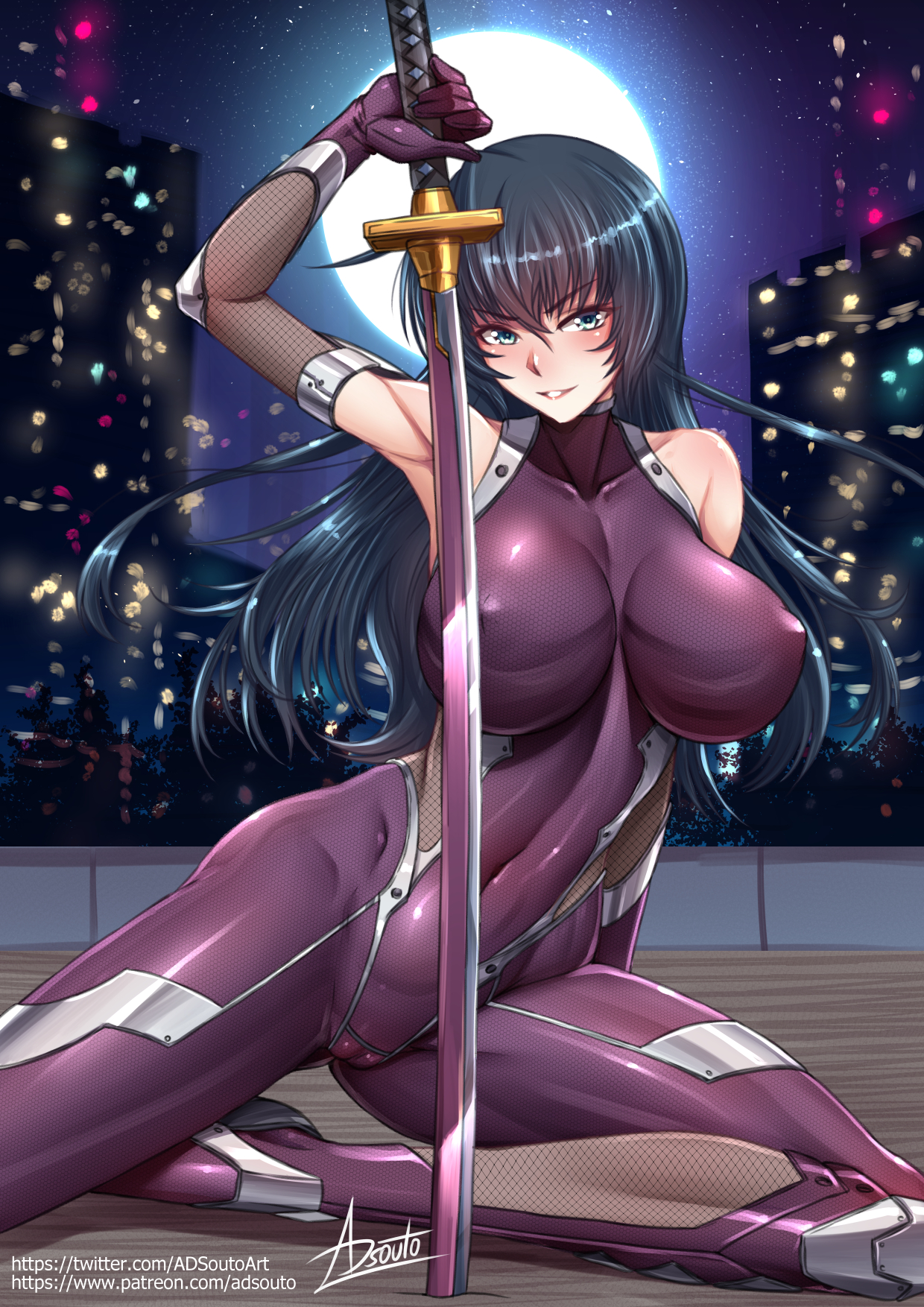 1girls, 2023, 2d, 2d (artwork), adsouto, adult female, art, artist name, background, blue eyes, blue hair, blush, bodysuit, breasts, city background, clothed, clothed female, dark blue hair, detached sleeves, female, female only, female protagonist, huge breasts, human, human only, igawa asagi, katana, kneeling, kunoichi, large breasts, light skin, light-skinned female, long hair, looking at viewer, mature female, no sex, patreon, pose, posing, smile, smiling at viewer, solo, solo female, straight hair, sword, sword in ground, taimanin (series), taimanin asagi, twitter username, url, weapon