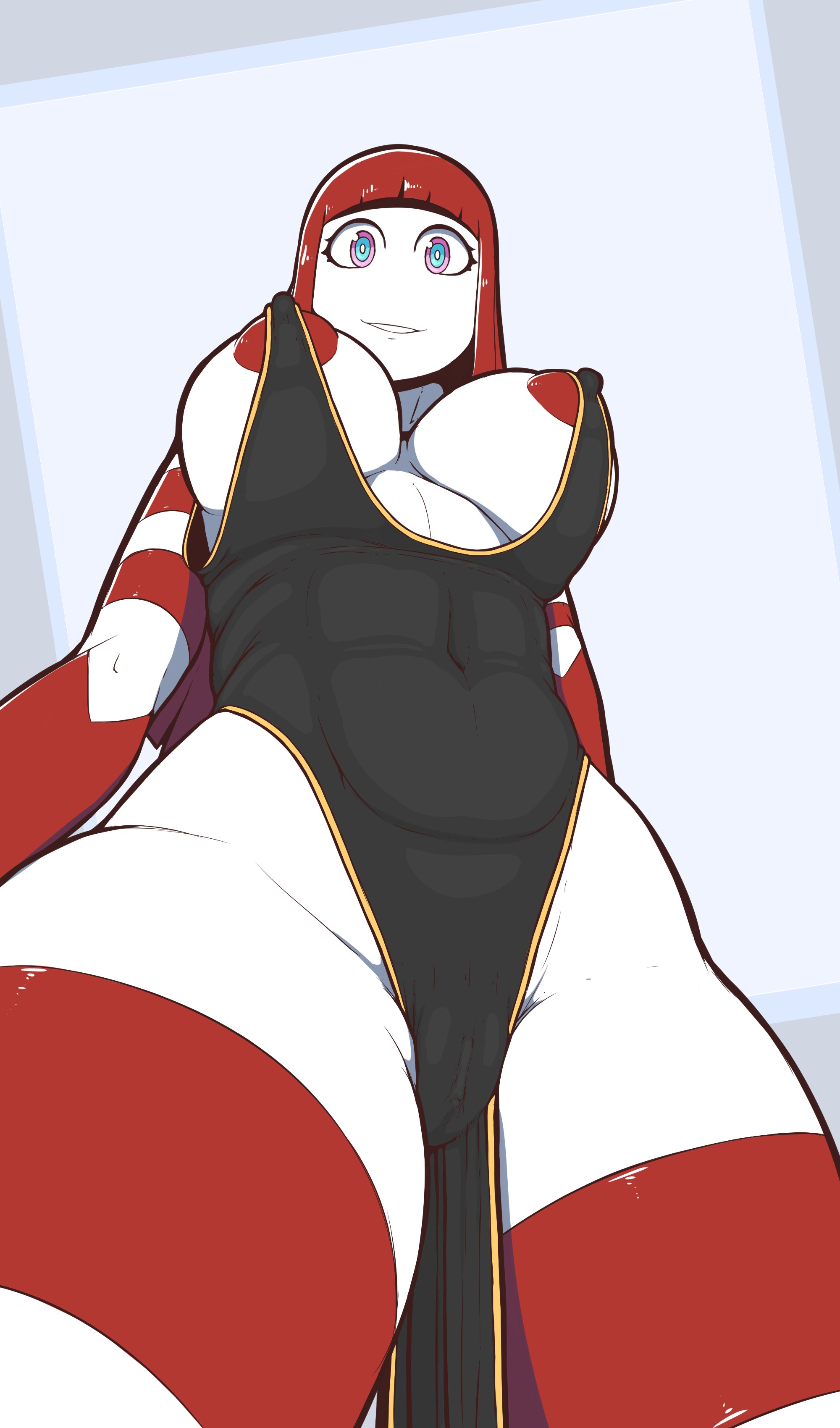 1girls, areola, areolae, areolae slip, below view, big breasts, breasts, clothed, clothed female, digital drawing (artwork), digital media (artwork), dress, eyelashes, female, female focus, looking at viewer, looking down, looking down at viewer, lumi (species), multicolored body, multicolored eyes, nipples, nipples visible through clothing, original, original character, perspective, pussy, pussy visible through clothes, quin-nsfw, red hair, scarlet (quin-nsfw), smiling, smiling at viewer, tagme