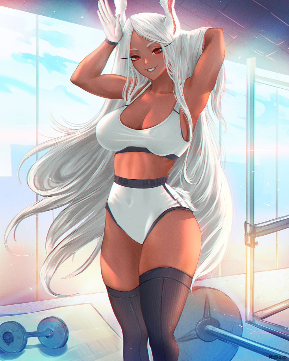 1girls, animal ears, armpits, big breasts, bottomwear, breasts, bunny ears, cleavage, dark skin, dark-skinned female, female, female only, fully clothed, gym, gym clothes, gym shorts, hair, huge breasts, legwear, long hair, mcdobo, miruko, my hero academia, red eyes, rumi usagiyama, shorts, shounen jump, solo, solo female, sports bra, thick thighs, thighhighs, thighs, topwear, weights, white hair, white shorts, workout, workout clothes