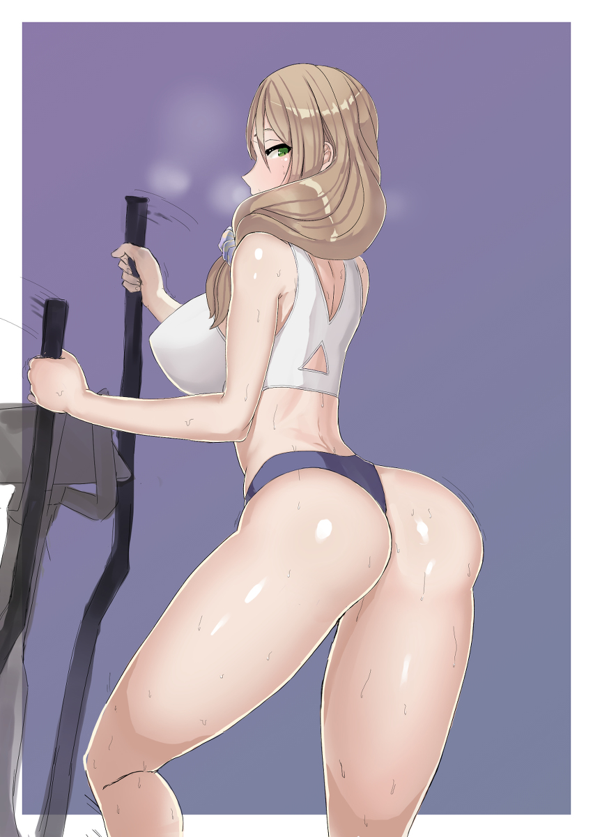 1girls alternate_version_available ass bare_legs big_ass big_breasts bottomwear breasts brown_hair female female_only genshin_impact green_eyes gym_clothes gym_uniform hair huge_breasts jeaike lisa_(genshin_impact) mature mature_female mature_woman motion_lines pants purple_thong solo solo_female sports_bra sportswear sweat sweatdrop sweaty thong topwear