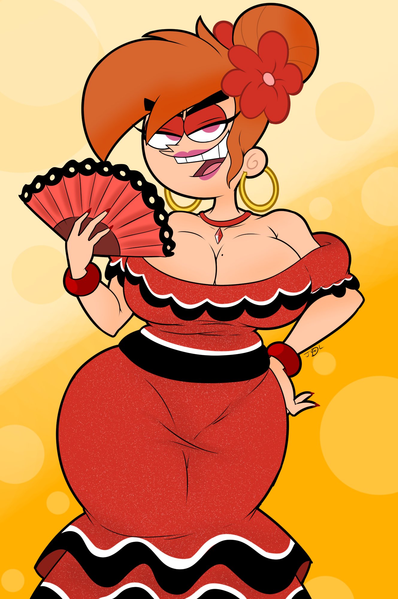 1girls, 2023, aged up, bare shoulders, big breasts, breasts, cleavage, clothed, clothed female, curvaceous, curvy, curvy body, curvy female, curvy figure, dress, eyebrows, eyelashes, eyes half open, fan, female, female only, flower in hair, fully clothed, half-closed eyes, holding object, lipstick, looking at viewer, milf, mole on breast, nickelodeon, open mouth, orange hair, pink eyes, pink lipstick, red dress, red hair, solo, straight hair, teenagebratwurst, teeth, the fairly oddparents, thick thighs, thighs, tongue, upper teeth, vicky (fairly odd parents), voluptuous, voluptuous female, wide hips