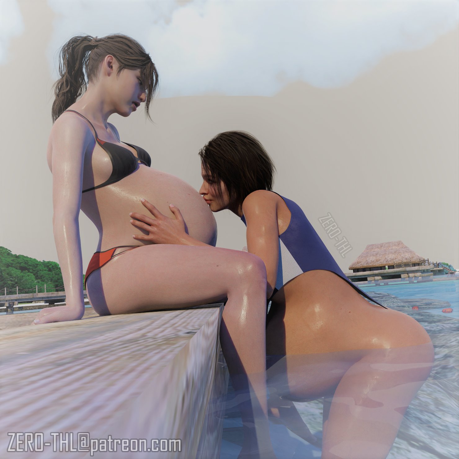2girls, 3d, ass, big ass, breasts, claire redfield, female, female only, hand on belly, huge belly, jill valentine, jill valentine (sasha zotova), kissing belly, kissing pregnant belly, multiple pregnancies, pool, poolside, pregnant, ready to pop, resident evil, resident evil 2, resident evil 3, resident evil 3 remake, swimming pool, water, yuri, zero-thl