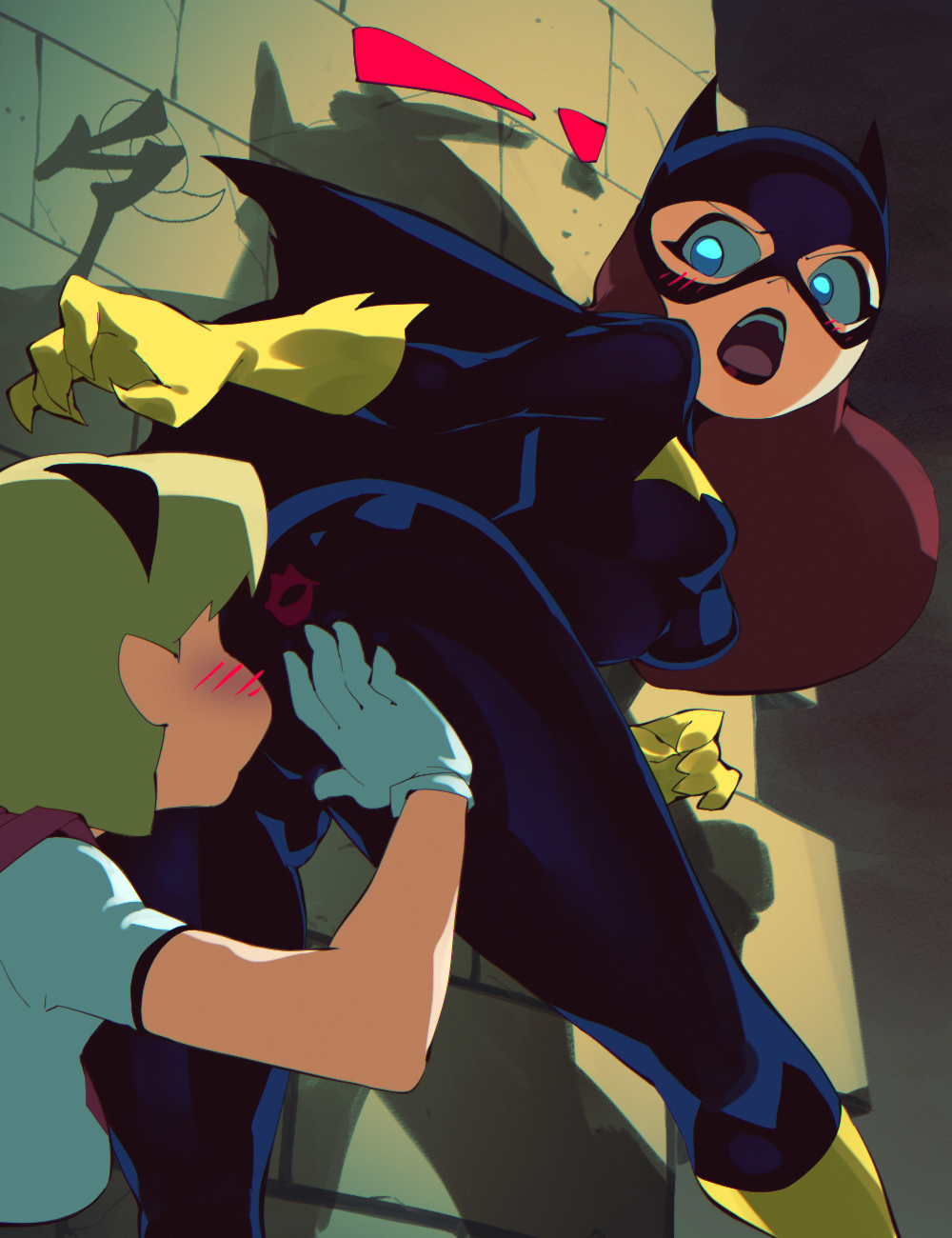 aetherion_art batgirl batman:_the_animated_series batman_(series) blonde_hair blue_eyes blush characterful dc dc_comics dcau exclamation_point full_color fully_clothed hand_on_ass hi_res kissing lipstick_mark looking_back medium_breasts red_hair shocked shocked_expression supergirl supergirl_(series) superhero_costume superheroine superman:_the_animated_series superman_(series) yuri