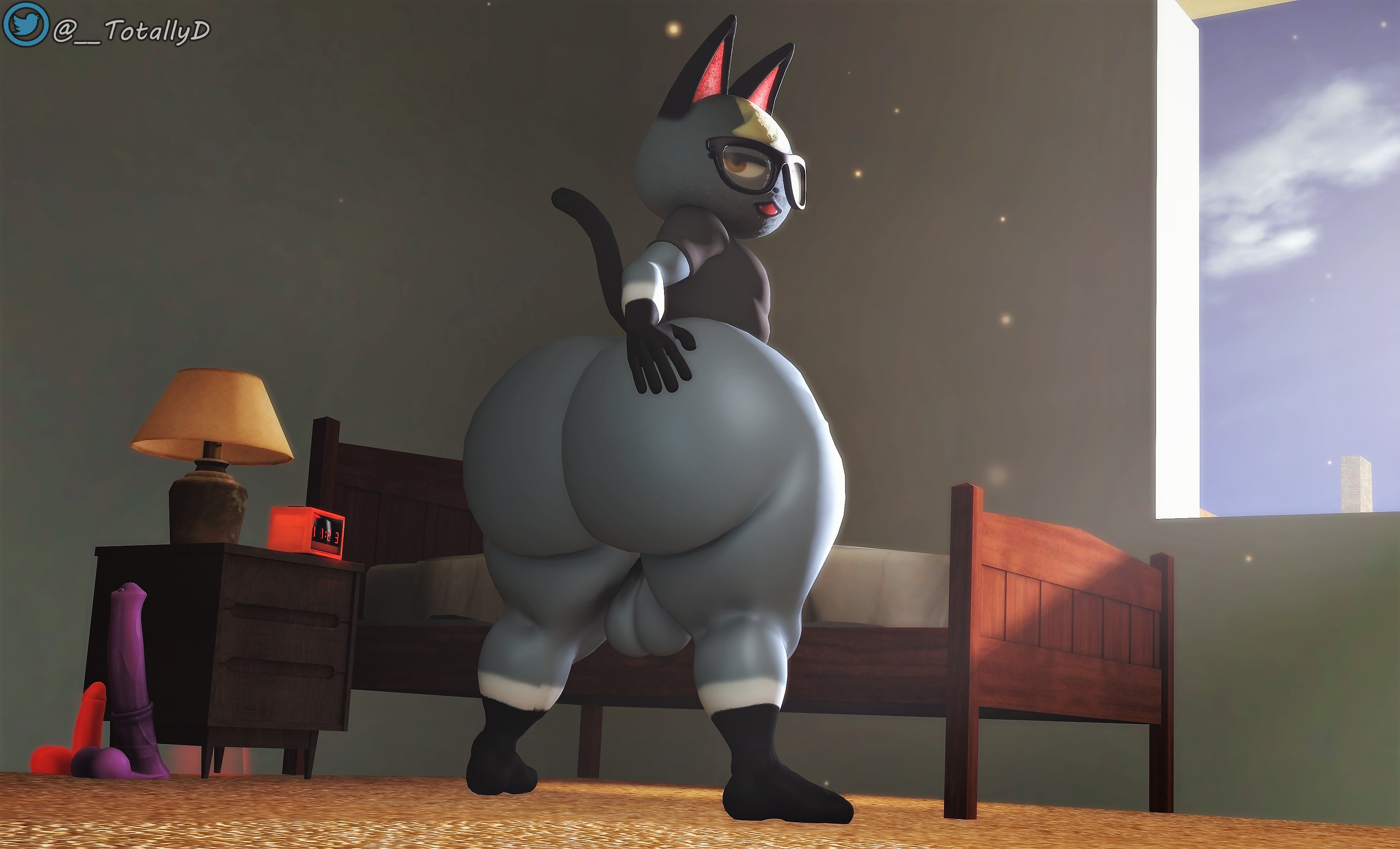 3d, animal crossing, anthro, ass, balls, bed, big ass, bubble ass, bubble butt, felid, feline, femboy, fur, furry, furry only, hand on ass, hand on butt, hi res, huge ass, large ass, looking at viewer, looking back, male, male only, nintendo, raymond (animal crossing), solo, tail, thick thighs, totallyd, wide hips