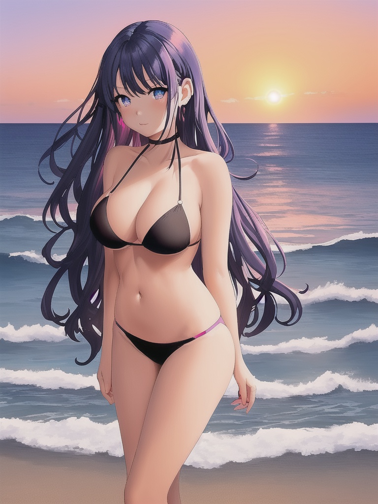 1girls ai_generated bare_shoulders beach big_ass bikini black_bikini blue_eyes cleavage curvy large_breasts long_hair looking_at_viewer multicolored_eyes multicolored_hair navel original original_character pink_hair purple_hair shmebulock36 slim slim_waist solo sunset thighs