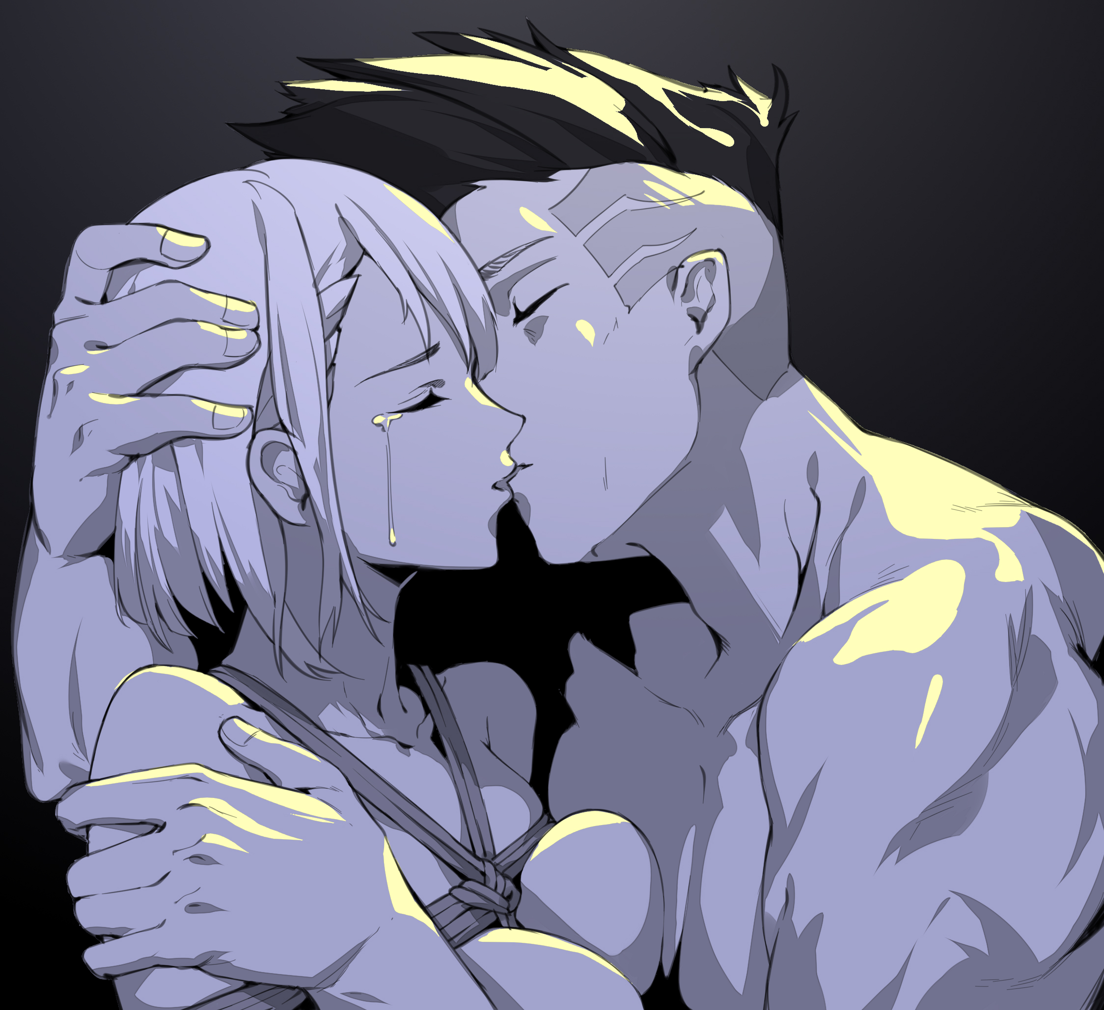 1boy, 1girls, big breasts, black and white, bondage, breast press, breasts, cd projekt red, chen zi, crying, cyberpunk 2077, cyberpunk: edgerunners, david martinez (edgerunners), female, female focus, kissing, light skin, light-skinned female, lucyna kushinada, male, netflix, straight, studio trigger, tied up, wholesome