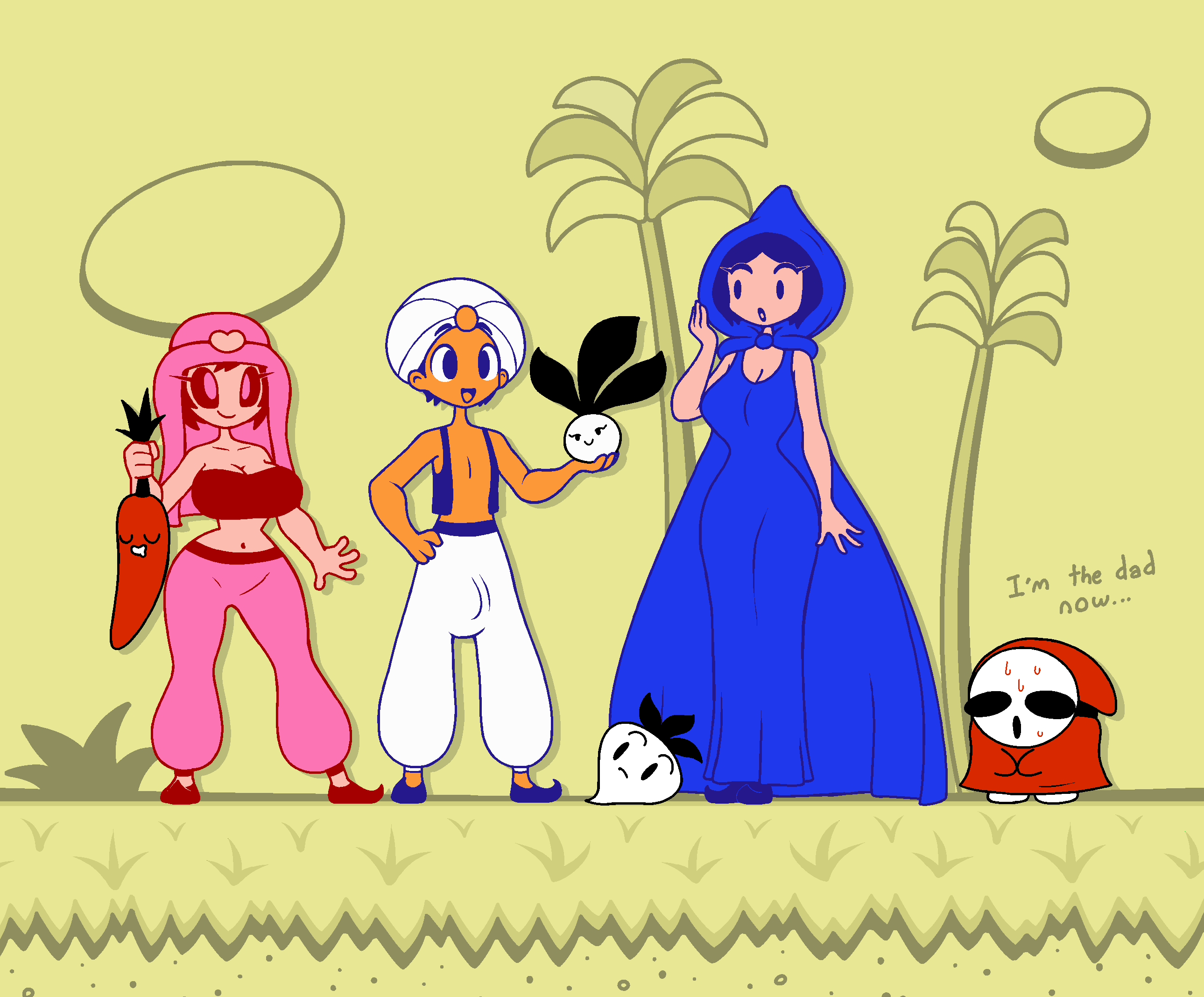 alternate_version_available breasts cleavage clothing dark_skin dress female human imajin_(doki_doki_panic) jalapeño lina_(doki_doki_panic) mama_(doki_doki_panic) mario_(series) open_mouth pale_skin screwroot shy_guy smiling super_mario_bros._2 turnip yume_kōjō:_doki_doki_panic