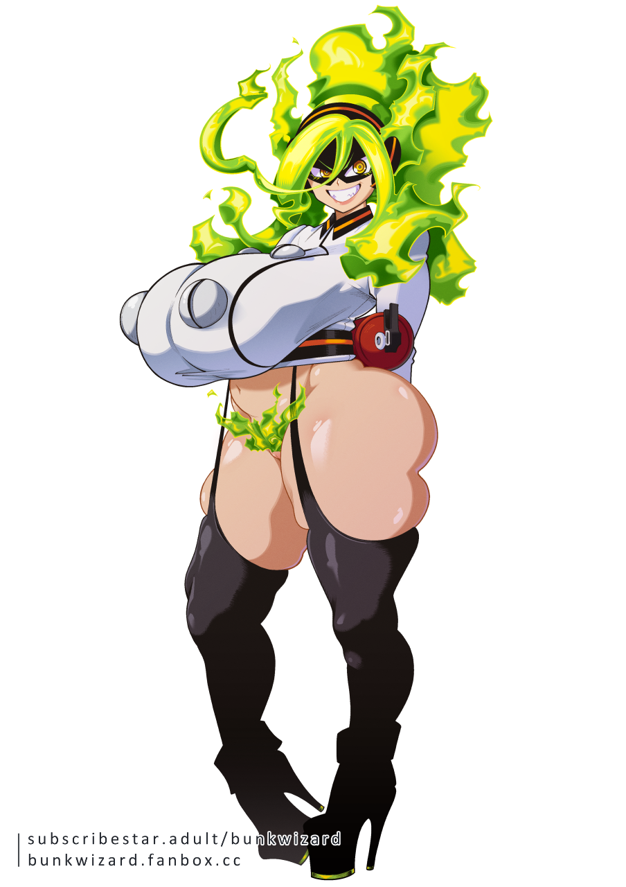 1girls big_breasts breasts bunkwizard burnin_(my_hero_academia) burning_candle female_only flame_hair flames high_heel_boots huge_breasts kamiji_moe mask moe_kamiji my_hero_academia nipple_bulge pubic_hair shounen_jump smile solo standing thick_thighs yellow_eyes