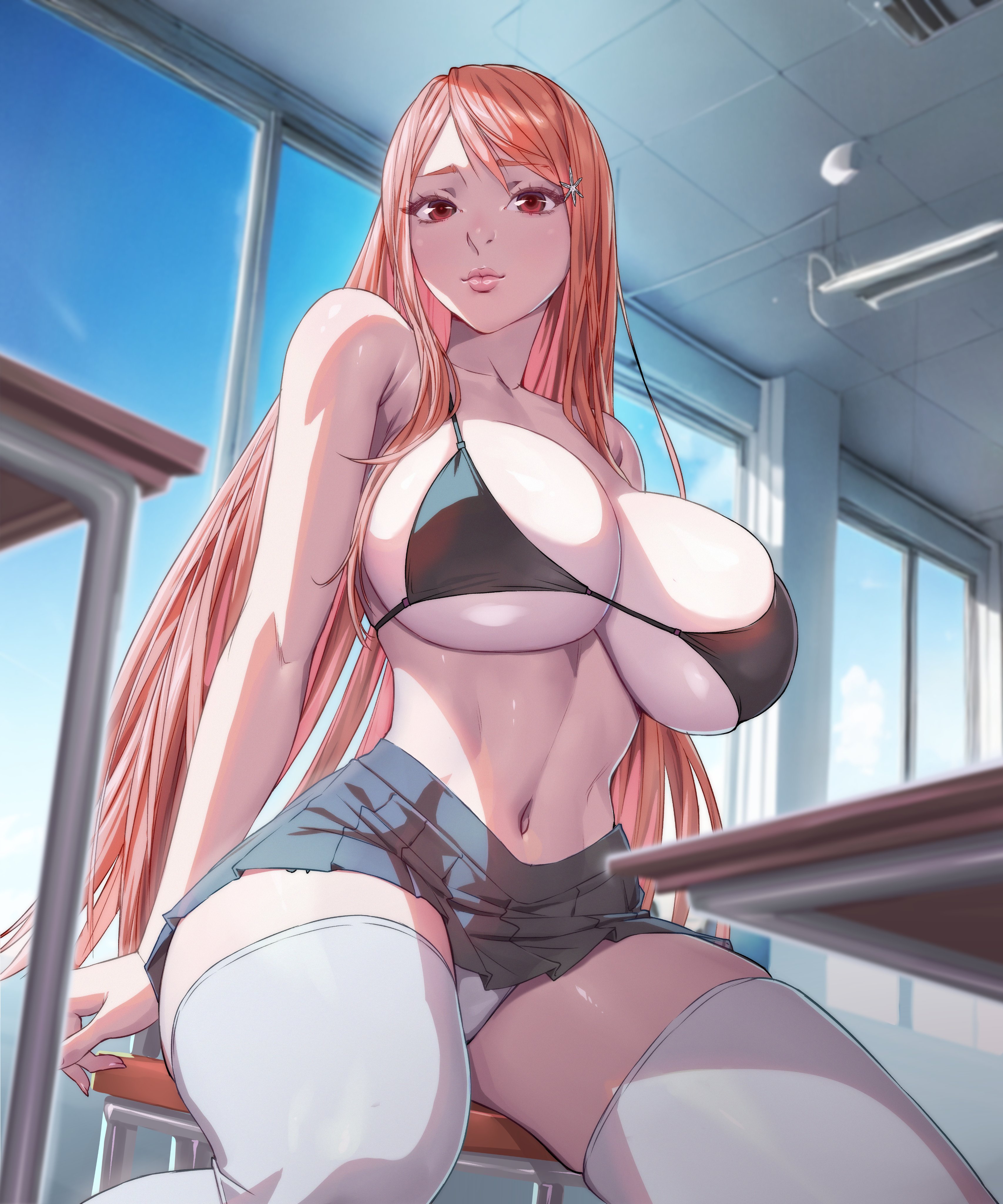 1girls, alternate version available, arttoru, bikini top, bleach, breasts, classroom, cleavage, female, female only, fit female, full lips, hourglass figure, human, human female, indoors, inoue orihime, large breasts, light skin, light-skinned female, long hair, navel, orange hair, short skirt, skirt, slim waist, solo, thick lips, thick thighs, thighhighs, thighs, very long hair, wide hips
