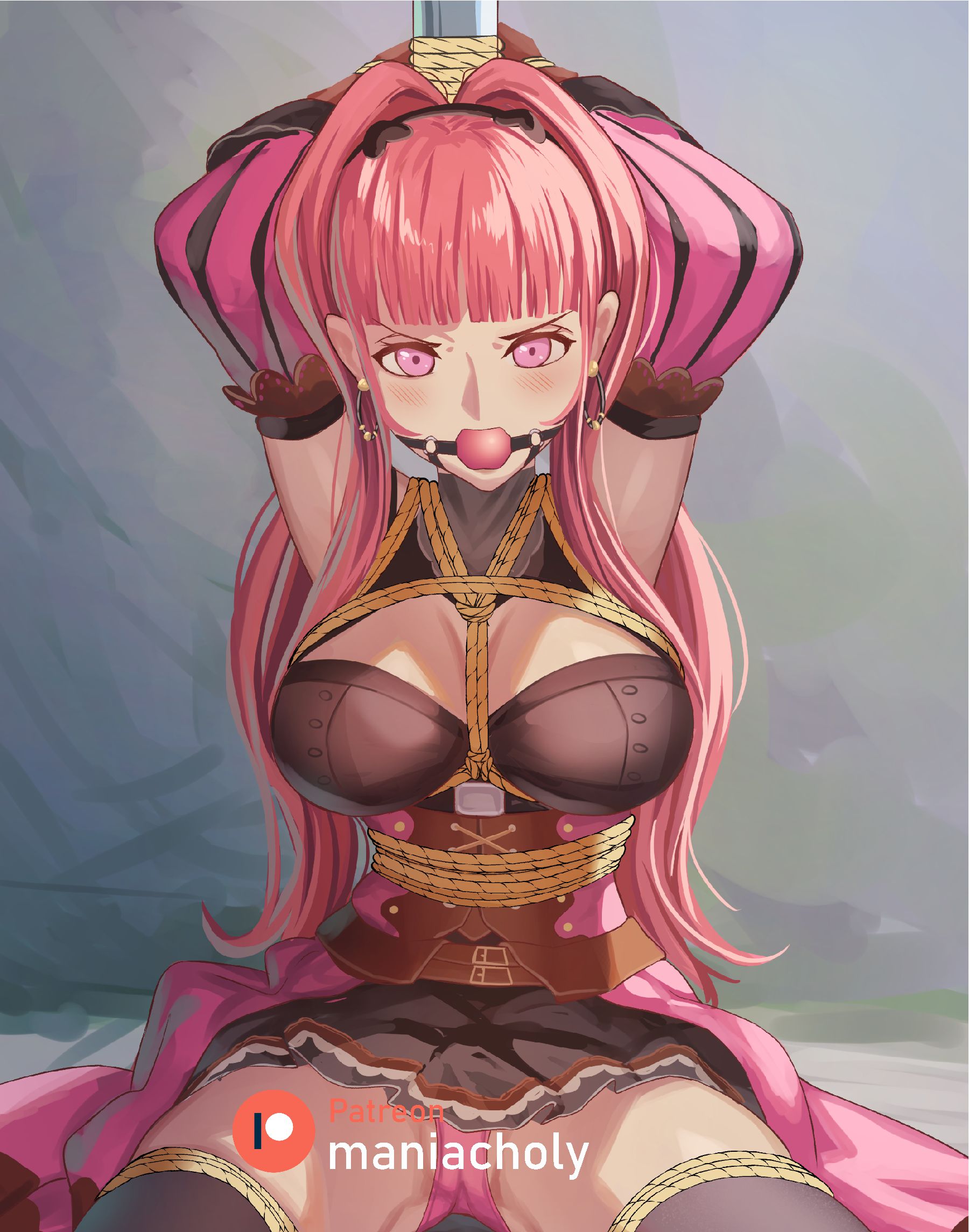 1girls, alternate version at source, angry, armpits, arms tied, arms up, artist name, ball gag, bangs, bare shoulders, bdsm, black skirt, black thighhighs, blunt bangs, bondage, bound, bound wrists, breasts, callu jy, callujy, captured, commentary request, corset, defeated, detached sleeves, earrings, female, female only, femsub, fire emblem, fire emblem: three houses, gag, gagged, hair intakes, hi res, highres, hilda valentine goneril, kneeling, large breasts, light skin, light-skinned female, long hair, looking at viewer, miniskirt, nintendo, panties, pink eyes, pink hair, pink panties, rope, rope bondage, shibari, sitting, skirt, solo, stockings, thighhighs, underwear, very long hair, watermark
