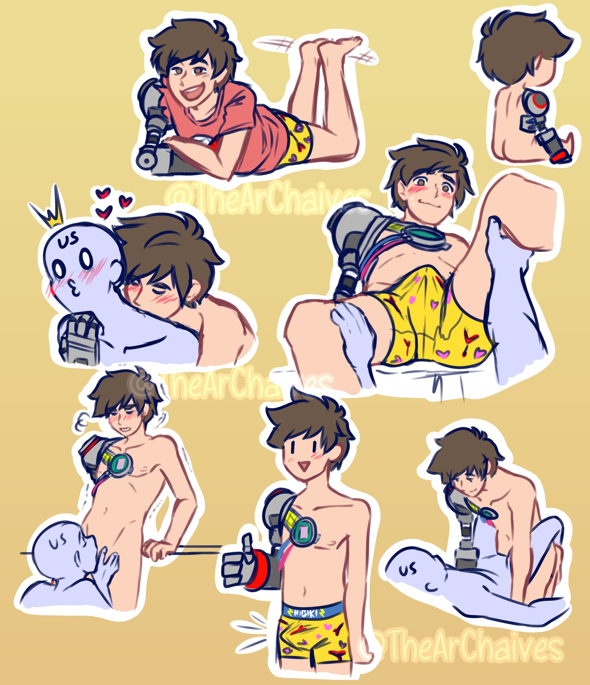 ambiguous gender, anon, ass, blowjob, blush, boxers, brown eyes, brown hair, chai (hi-fi rush), cute, cyborg, erection, erection under clothes, hi-fi rush, male, male focus, male only, neck bite, oral, prosthetic, prosthetic arm, romantic, sketch page, thearchaives, thumbs up, twink, xbox game studios, yaoi