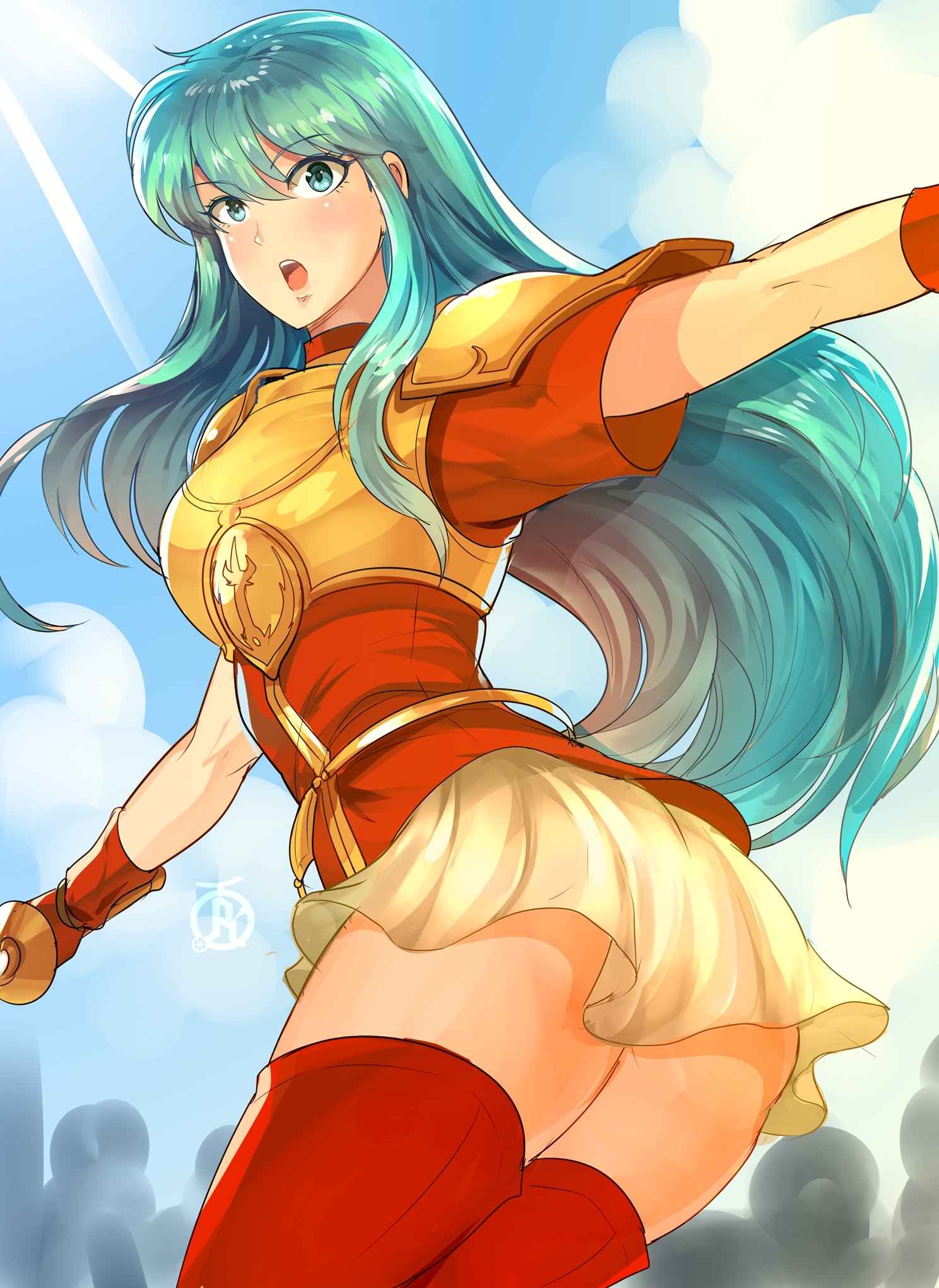 1girls, aqua eyes, aqua hair, armor, ass, big ass, boots, breastplate, earrings, eirika (fire emblem), english commentary, female, female only, fingerless gloves, fire emblem, fire emblem: the sacred stones, gloves, highres, holding, holding sword, holding weapon, jewelry, long hair, looking at viewer, looking back, miniskirt, nintendo, red footwear, red gloves, red shirt, red thighhighs, revolverwingstudios, shirt, short sleeves, shoulder armor, simple background, skirt, solo, sunlight, sword, thigh boots, thighhighs, weapon, white skirt, zettai ryouiki
