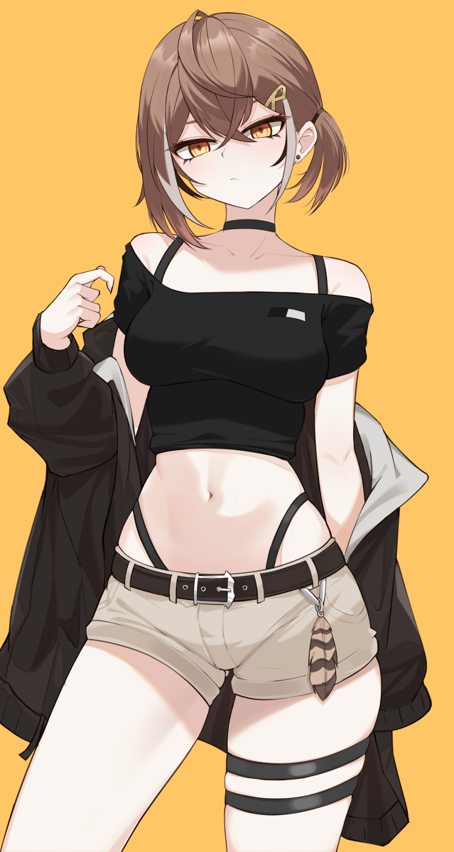 1girls, 2d, alternate costume, belly, belt, botaten (artist), bra strap, brown hair, crop top, female, fully clothed, hololive, hololive english, hololive english -council-, hololive english -promise-, jacket off shoulders, jacket partially removed, midriff, nanashi mumei, off shoulder, short hair, shorts, side ponytail, solo, solo female, standing, streetwear, thighs, thong, thong above shorts, thong straps, virtual youtuber, yellow eyes