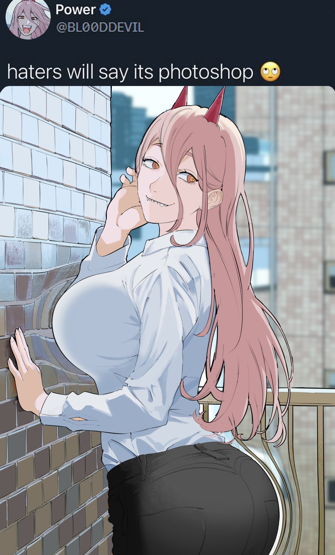 1girls, ass, big ass, big breasts, breasts, chainsaw man, demon, demon girl, demon horns, english text, female, female only, funny, giganticbuddha, meme, pants, pink hair, power (chainsaw man), sharp teeth, smile, social media, twitter