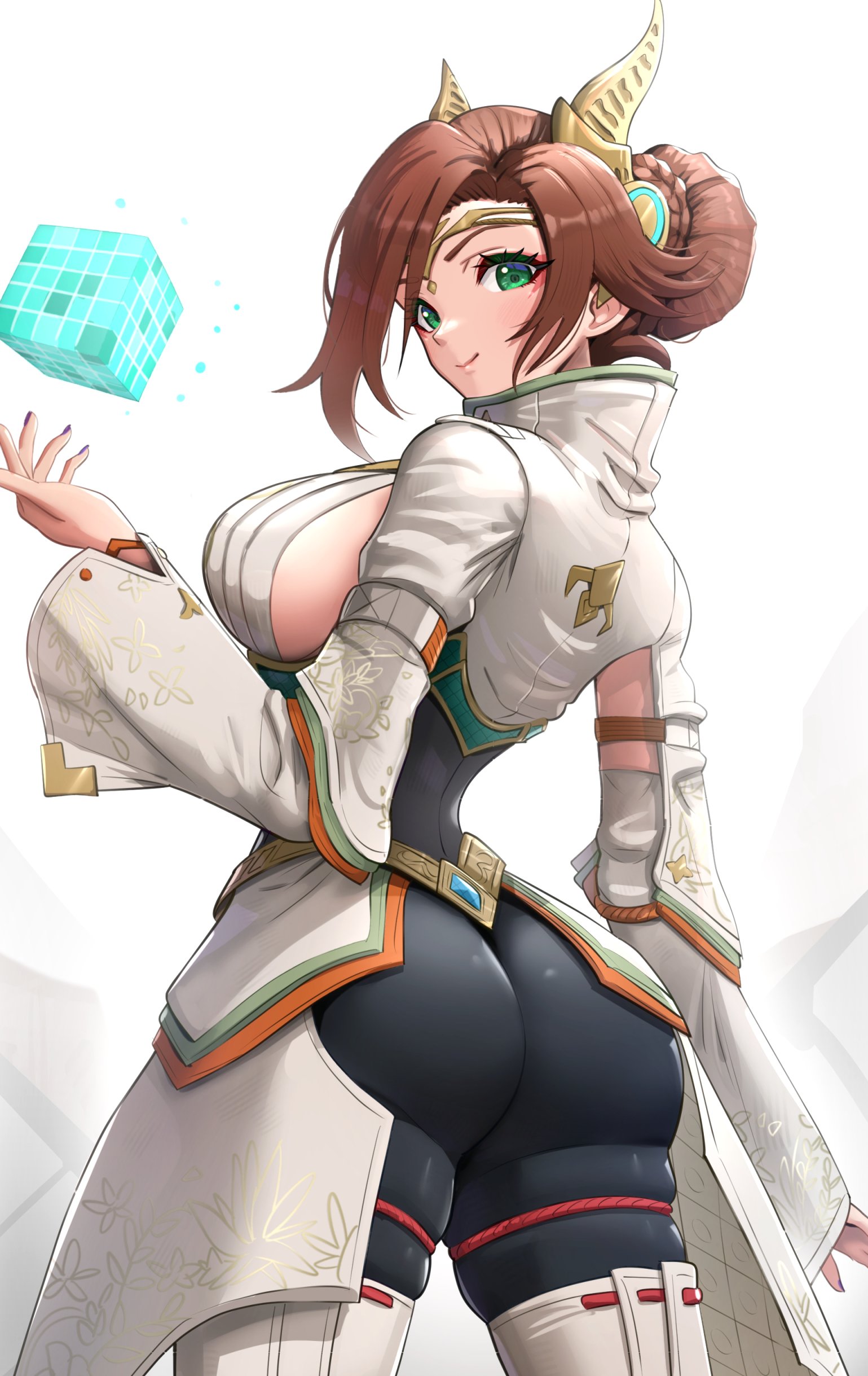 1girls, absurd res, alexandria (xenoblade), ass, ass focus, big ass, black legwear, boots, breasts, brown hair, bubble ass, bubble butt, cleavage, eyeliner, female, female only, french braid, from behind, gonzarez, green eyes, hairbun, heroes (xenoblade 3), highres, hourglass figure, kimono, large ass, large breasts, legwear, long hair, long sleeves, looking at viewer, monolith soft, niina (xenoblade), nintendo, pantyhose, red eyeliner, simple background, skin tight, smile, thick ass, thick thighs, thigh boots, thighhighs, thighs, voluptuous, white boots, white kimono, white thighhighs, wide hips, xenoblade (series), xenoblade chronicles 3