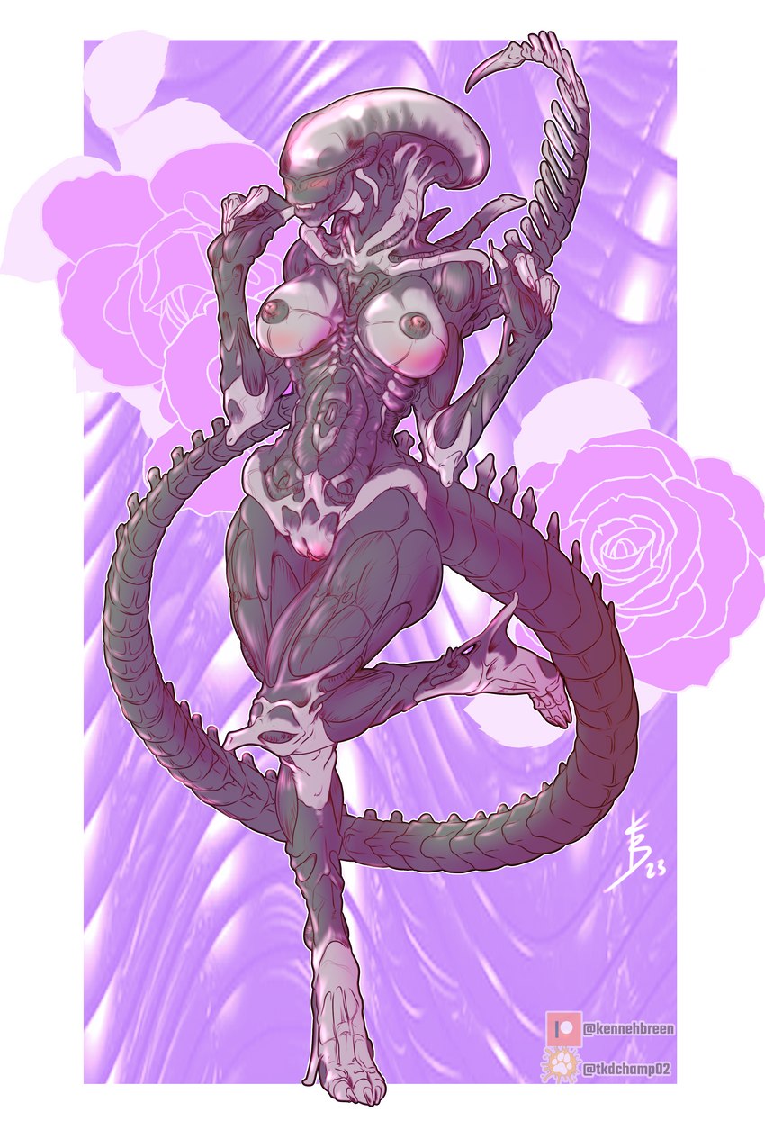 alien alien_(franchise) alien_girl alien_humanoid big_breasts breasts female_xenomorph flower high_heels kennehbreen naked naked_female nude nude_female pussy tail tkdchamp02 xenomorph