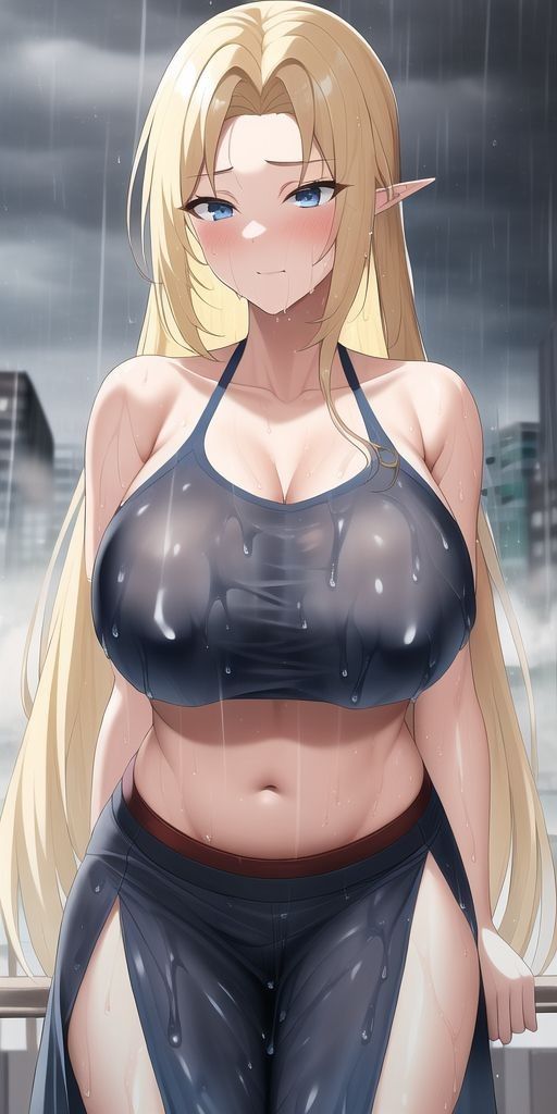 1girls ai_generated alpha_(the_eminence_in_shadow) belly_button big_breasts blonde_female blonde_hair blue_eyes blush elf elf_ears elf_female elf_girl female female_only half-dressed in kage_no_jitsuryokusha_ni_naritakute! long_hair nipples nipples_visible_through_clothing oppai raining shadow) solo the_eminence_in_shadow thick_thighs thighs wet wet_skin