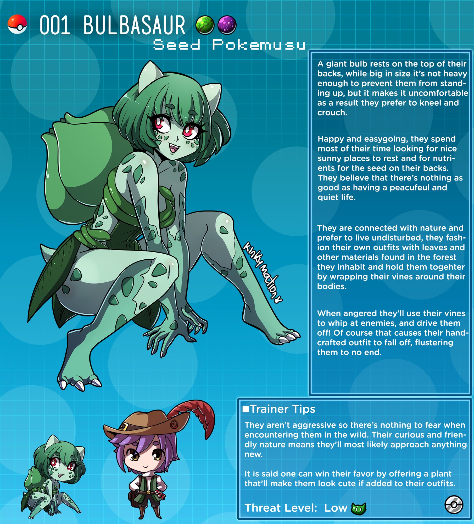 2020, bulbasaur, character profile, character sheet, creature index, crouching, english text, female, female focus, gijinka, green hair, green skin, kinkymation, nintendo, page 1, page number, pokémon (species), pokedex, pokemon, pokemon (species), pokemon-girl encyclopedia, pokemusu, pokephilia, profile, short hair, smooth skin, terrance rainer (kinkymation), text box