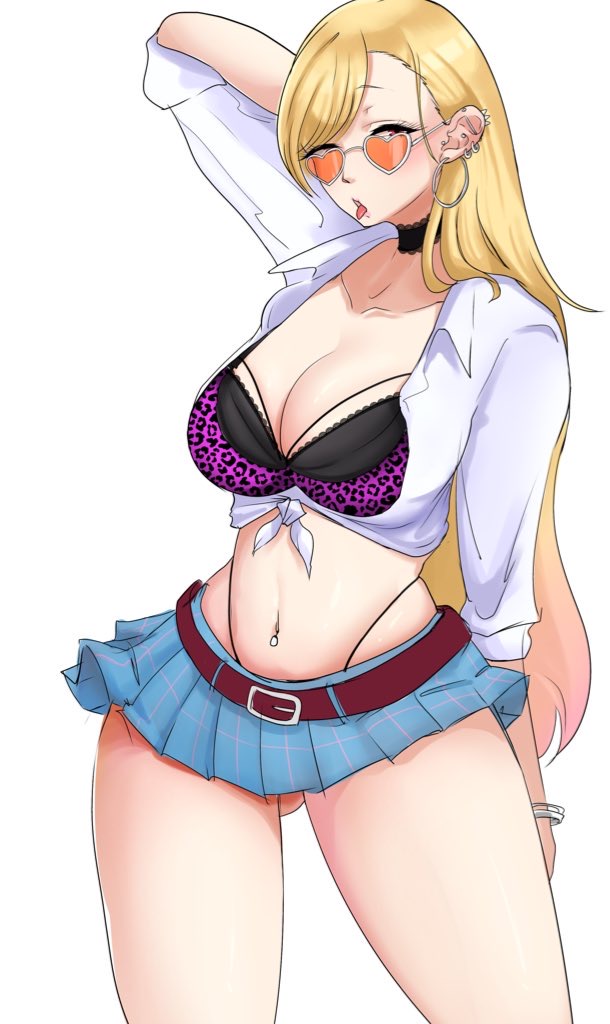1girls, american school, ass visible through thighs, belt, bimbo, blonde hair, bra, bra cups sticking out, breasts, cleavage, female, front-tie top, fully clothed, gyaru, heart glasses, hoop earrings, kitagawa marin, light skin, light-skinned female, medium breasts, microskirt, midriff, miniskirt, navel piercing, oasis (artist), pale skin, pale-skinned female, pierced navel, revealing clothes, skimpy clothes, skirt, solo female, sono bisque doll wa koi wo suru, standing, thighs, thong, thong above skirt, thong straps, tied shirt, white shirt, yoootsu