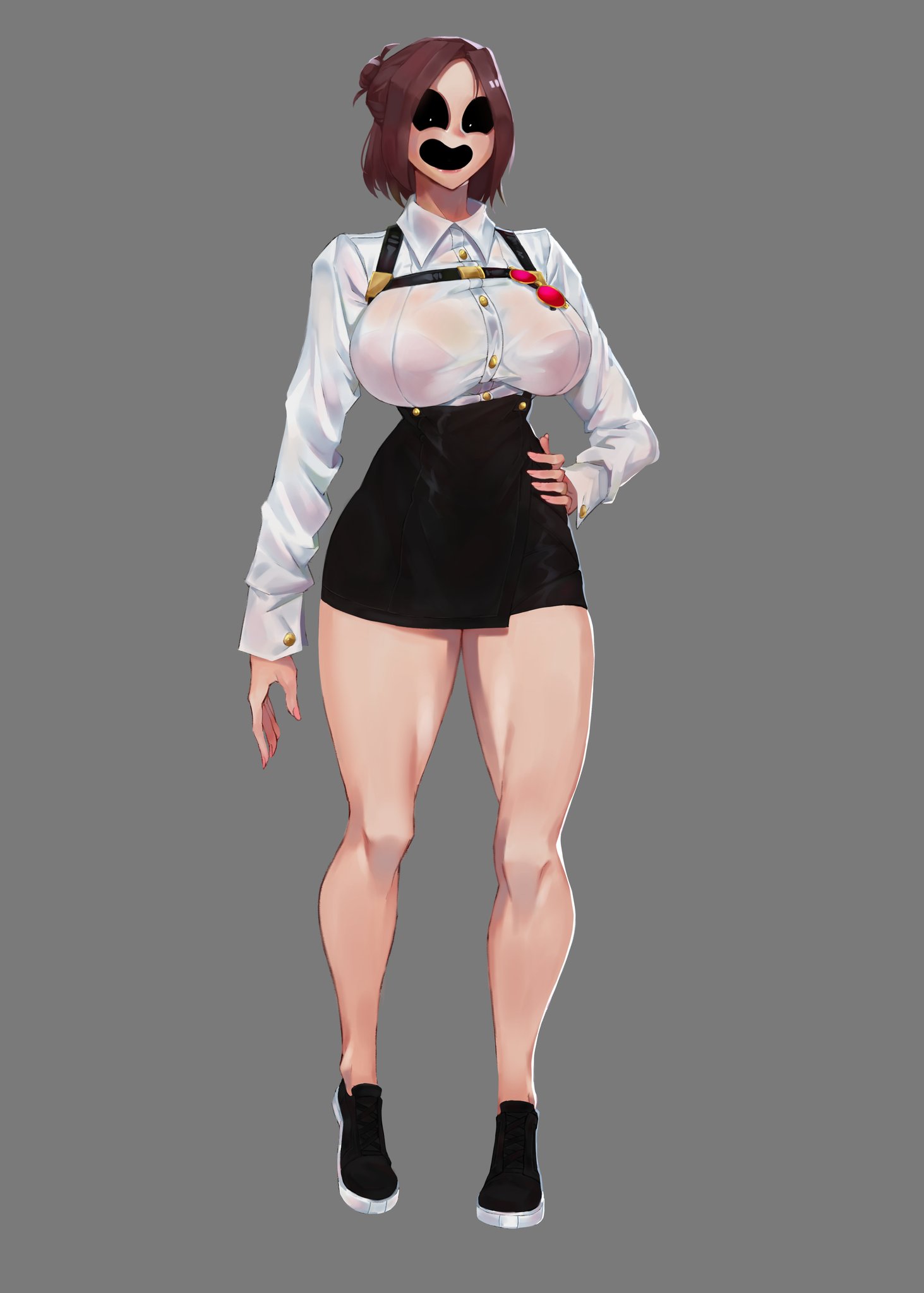 1girls, aiko (paeder69), big breasts, breasts, color, colored, creepy, female, female only, full body, hips, humanoid, looking at viewer, paeder69, see-through, see-through clothing, see-through shirt, see-through top, skirt, smile, smiling, solo, solo female, thick, thick thighs, thighs, white shirt, wide hips