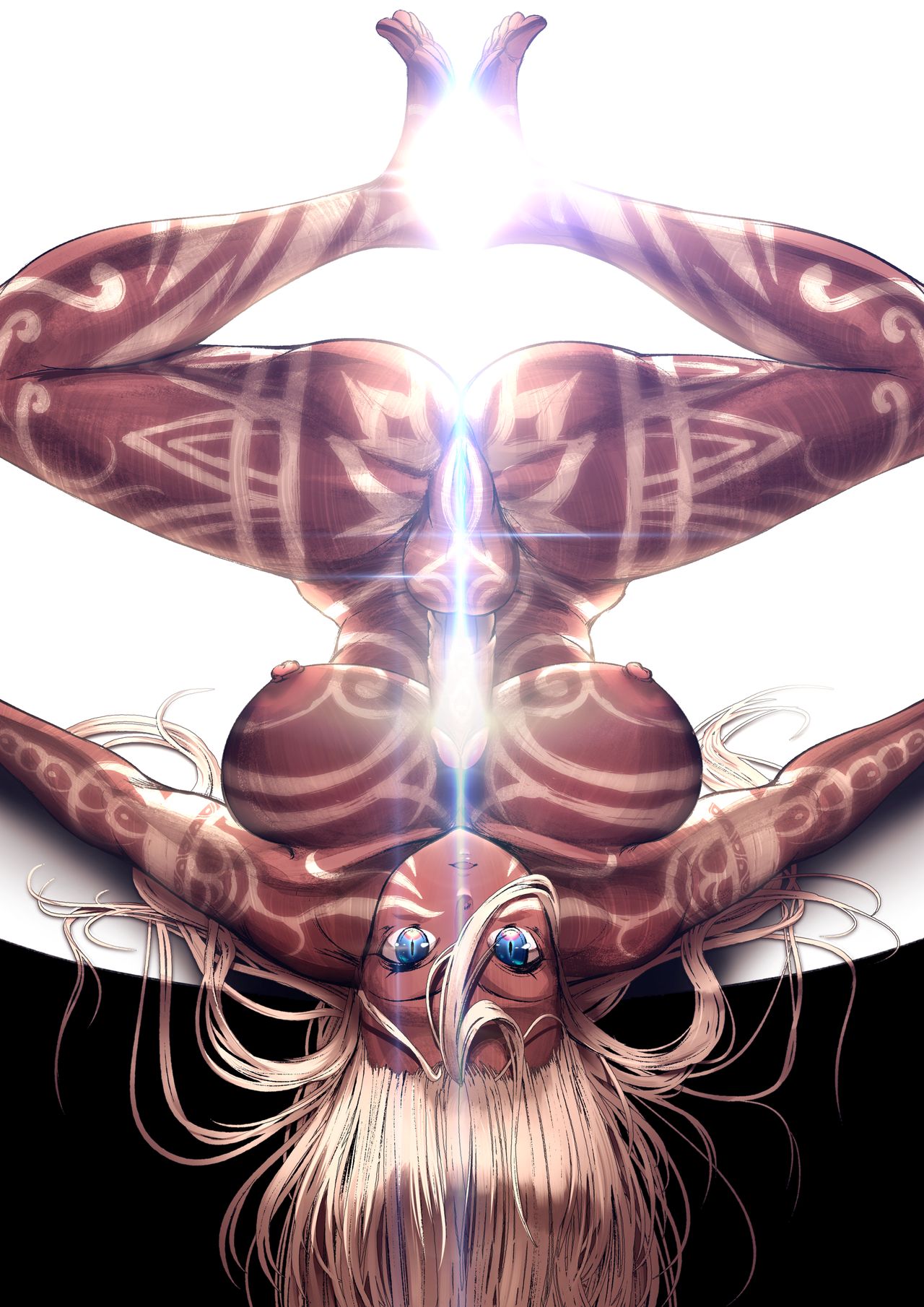 1futa amazon areolae balls big_breasts big_penis blue_eyes body_markings breasts dark-skinned_futanari dark_skin digital_media_(artwork) erection full-package_futanari futa_only futanari human light nipples no_sex nude on_back penis pussy solo splits spread_legs tagme tattoo tribal_markings upside-down yana_(nekoarashi)