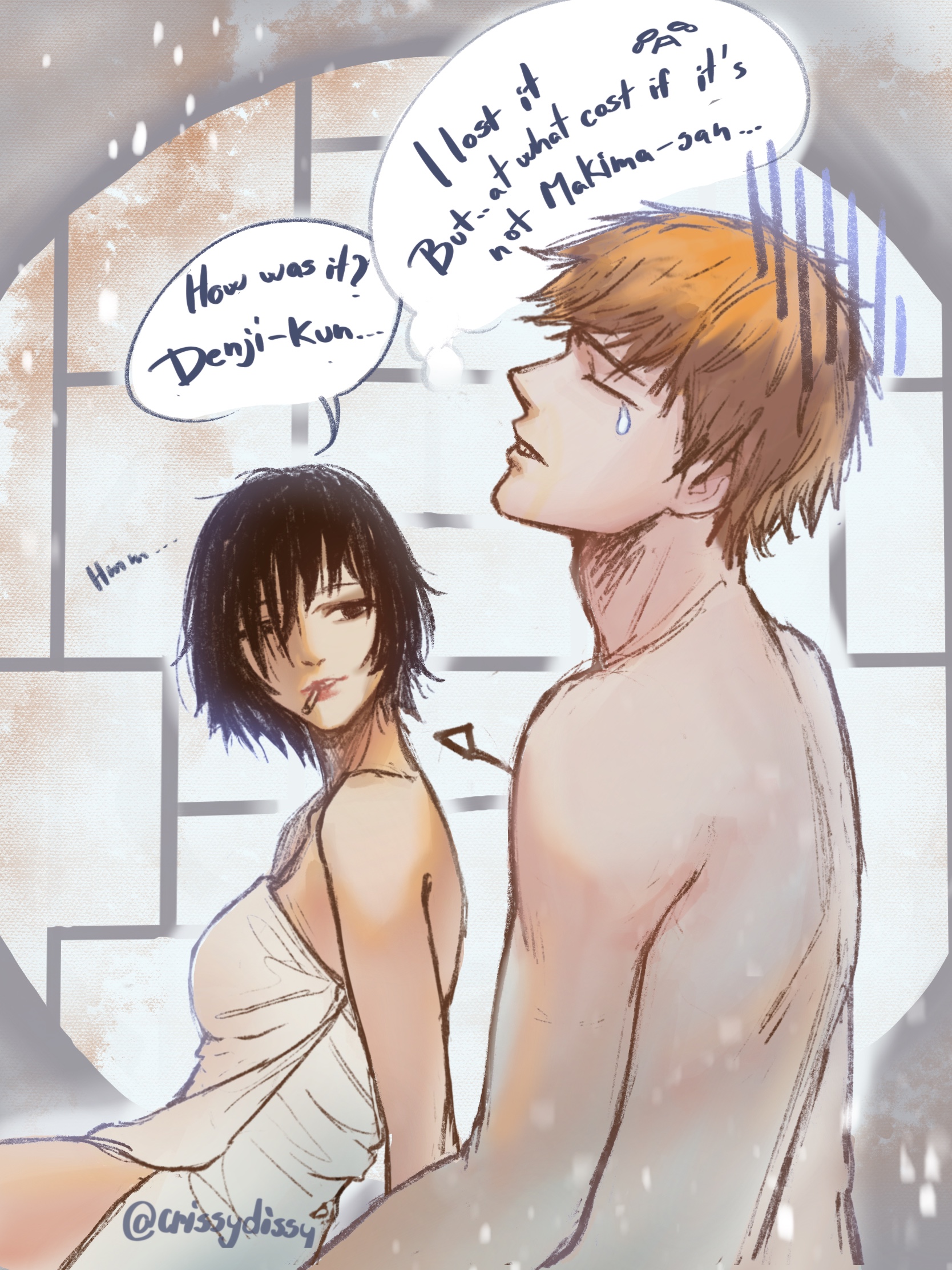 after sex, big breasts, breasts, chainsaw man, crissyfox, crying, denji (chainsaw man), female, himeno (chainsaw man), male, sad, virginity loss