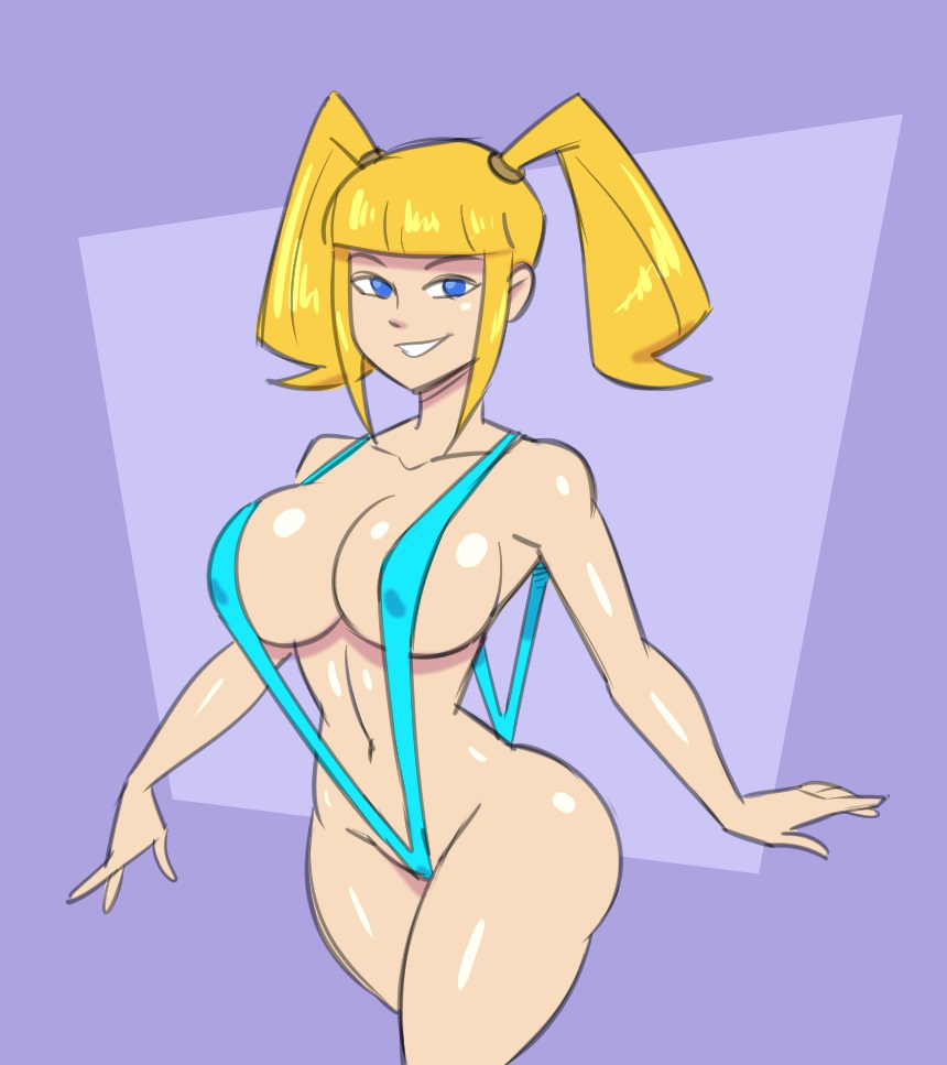 1girls 3_way_(slut_squad) almost_naked big_breasts blonde_female blonde_hair blue_eyes blue_sling_bikini female_focus female_only light-skinned_female melody_(3_way) pale-skinned_female samson_00 shiny_skin sling_bikini solo solo_female solo_focus thick_thighs twintails voluptuous voluptuous_female