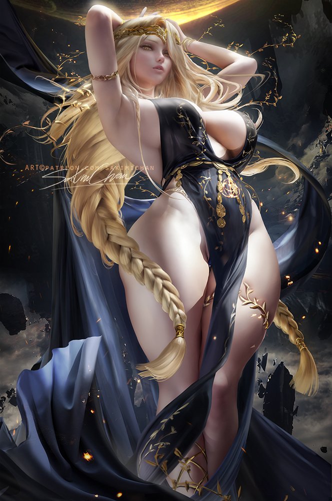 1girls, alternate version available, armpits, arms up, artist signature, blonde hair, braided hair, breasts, dress, elden ring, female, fromsoftware, hair over one eye, huge breasts, large breasts, light skin, light-skinned female, long hair, no bra, no panties, pale skin, pale-skinned female, queen marika the eternal, sakimichan, slim waist, thick thighs, thighs, very long hair, watermark, yellow eyes