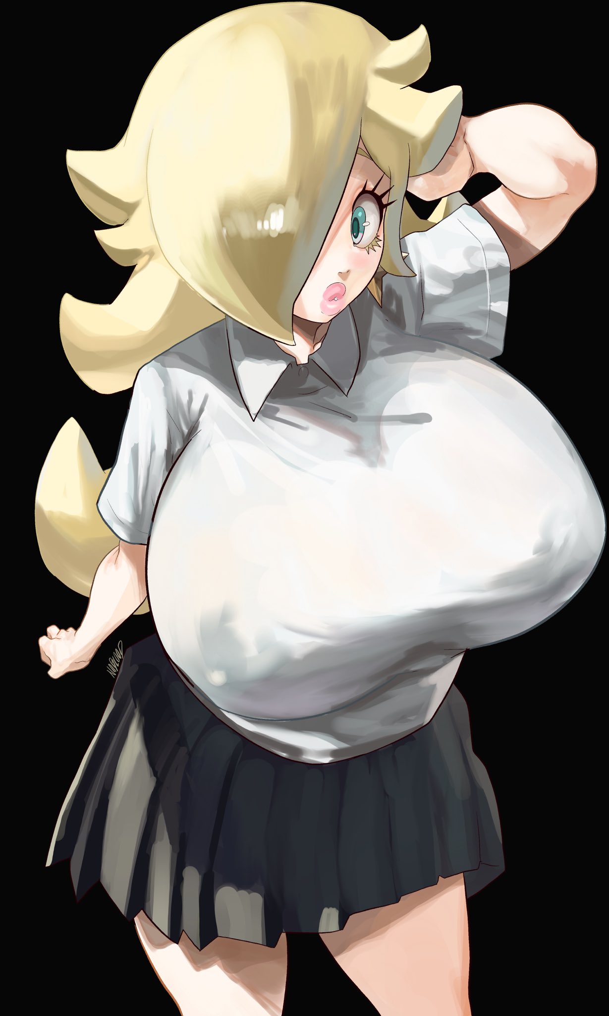 1girls, 2023, big breasts, black background, blonde hair, blue eyes, breasts, breasts bigger than head, female, female focus, female only, hair over one eye, huge breasts, large breasts, light skin, light-skinned female, lipstick, long hair, mario (series), nintendo, noblood, pink lipstick, princess rosalina, rosetta (super mario galaxy), ryandomonica, school uniform, schoolgirl, short skirt, skirt, thick lips, thick thighs