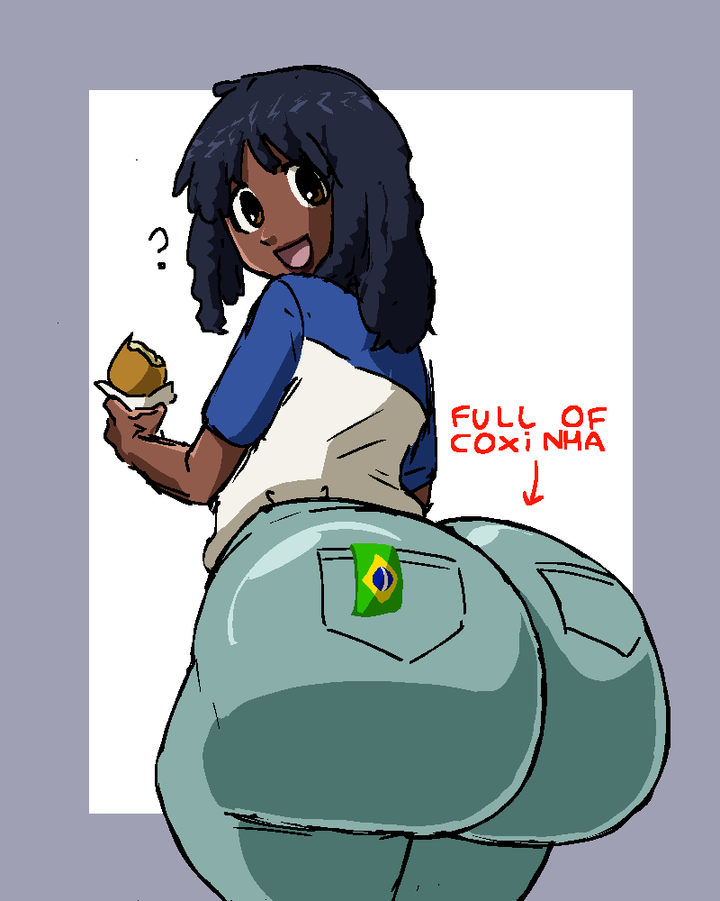 ass ass_focus azumanga_daiou big_ass big_butt big_thighs black_hair bottom_heavy brazil brazilian brazilian_flag dark-skinned_female dark_skin huge_ass huge_butt jeans large_ass large_butt osaka_ayumu_kasuga purple_background thick_thighs white_background wide_hips wiirart