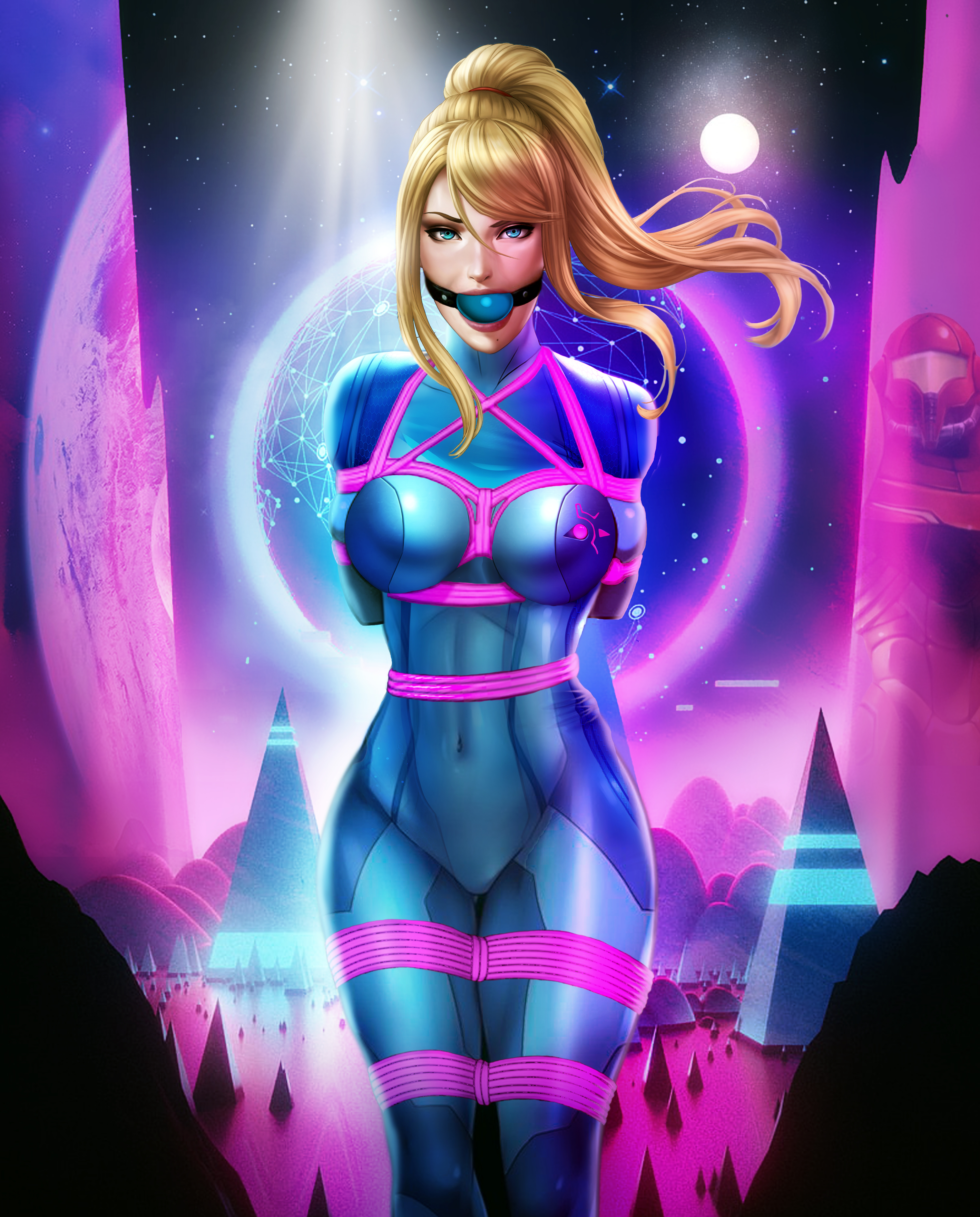 arms behind back, arms tied, arms tied behind back, ball gag, bdsm, belly button, belly button visible through clothing, big breasts, blonde hair, blue eyes, bodysuit, bondage, bound, bound arms, bound legs, breasts, curvy, curvy figure, female, female only, femsub, fully clothed, gag, gagged, looking at viewer, metroid, navel, nintendo, restraintly, rope, rope bondage, rope harness, samus aran, solo, solo female, submissive, submissive female, tight clothing, zero suit, zero suit samus