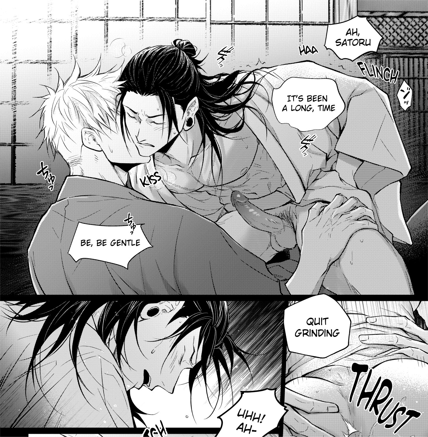 2boys, anal, anal sex, ass, ass grab, bed, black hair, cowgirl position, cum, cum in pussy, doggy style, doujinshi, earrings, eating cum, female, gay, gay sex, hug, jujutsu kaisen, kissing, male, male/male, masturbation, nejmai, nipples, penis, pussy, satoru gojo, spanking, sucking penis, suguru geto, text, white hair, yaoi