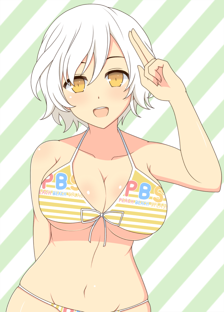 1girls bikini cleavage collarbone female front-tie_bikini front_view happy ichiryuu_tsumiki large_breasts light-skinned_female light_skin looking_at_viewer midriff miyabi_(senran_kagura) open_mouth senran_kagura senran_kagura_peach_beach_splash short_hair simple_background skindentation solo standing striped_background striped_bikini text white_hair yellow_eyes