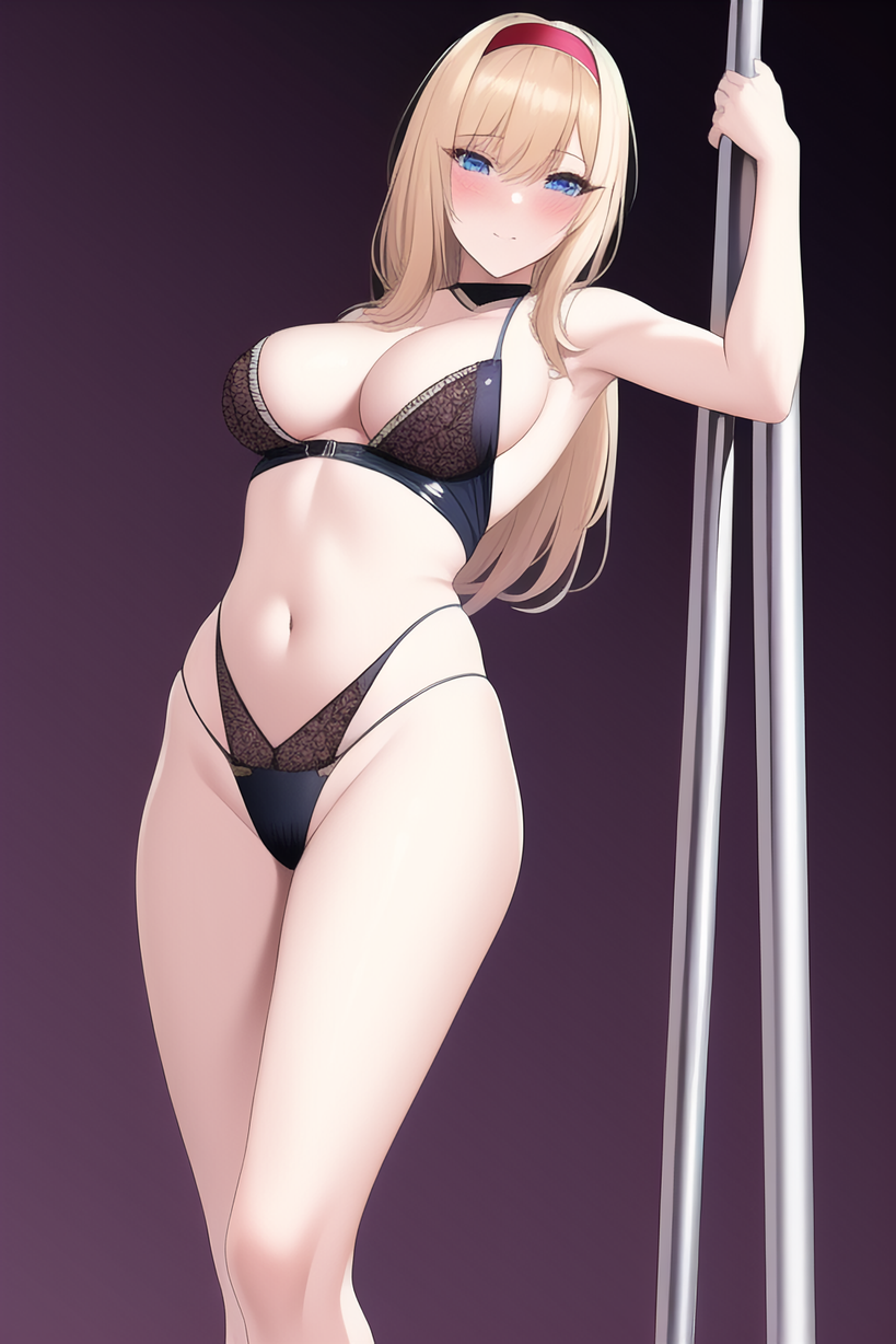 1girls ai_generated alice_schuberg alluring bare_legs big_breasts blonde_hair blue_eyes blush bra cleavage nightcore_(artist) panties pole pole_dancing sword_art_online underwear