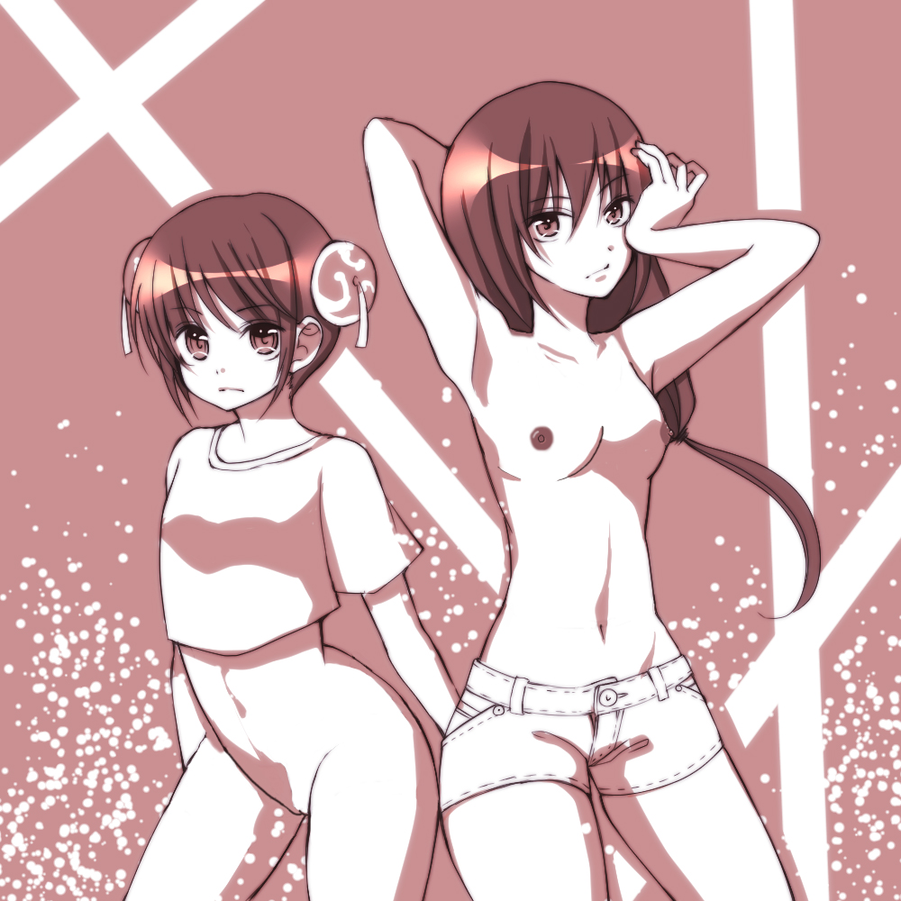 2girls arms_up bottomless breasts bun_cover casual_bottomless casual_exposure casual_topless crop_top double_bun expressionless female female_only flat_chest gintama hair_ornament hairless_pussy height_difference kagura_(gintama) long_hair looking_at_viewer low-tied_long_hair low_ponytail monochrome mutsu_(gintama) pussy short_shorts shorts small_breasts third-party_edit tied_hair topless topless_female uncensored wide_hips